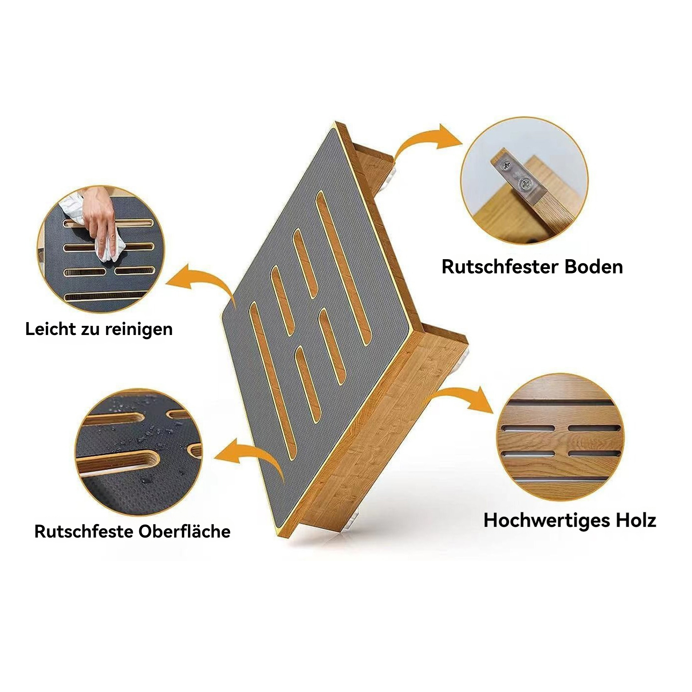 Ein hölzerner Duschhocker mit rutschfester Oberfläche und Boden. Details zeigen Reinigung, Holzqualität und rutschfeste Eigenschaften.