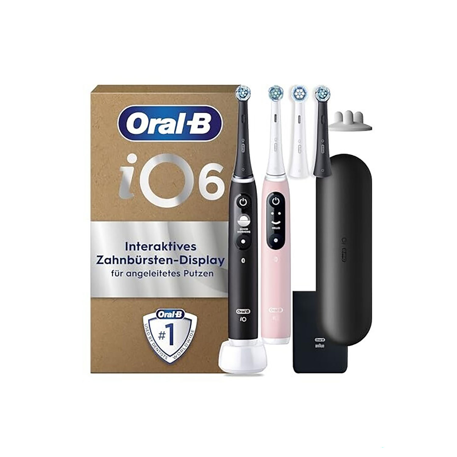 Ein Oral-B iO6 Zahnbürstenset. Enthält eine Box, zwei Zahnbürsten, mehrere Bürstenköpfe, ein Reiseetui und eine Ladestation.
