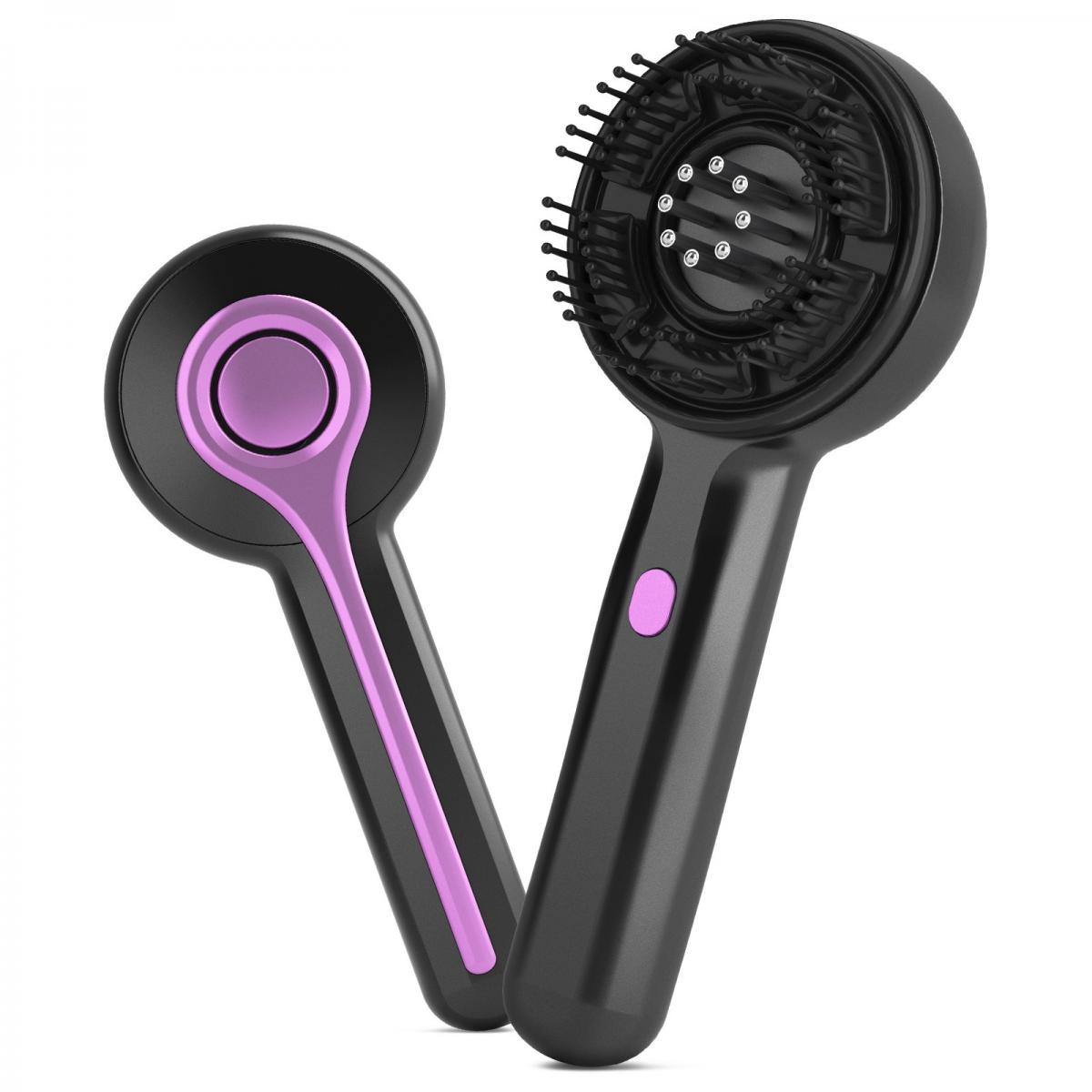 Zwei schwarze und pinkfarbene Haarstyling-Tools. Eines hat einen runden Kopf mit Borsten, das andere einen flachen runden Kopf.