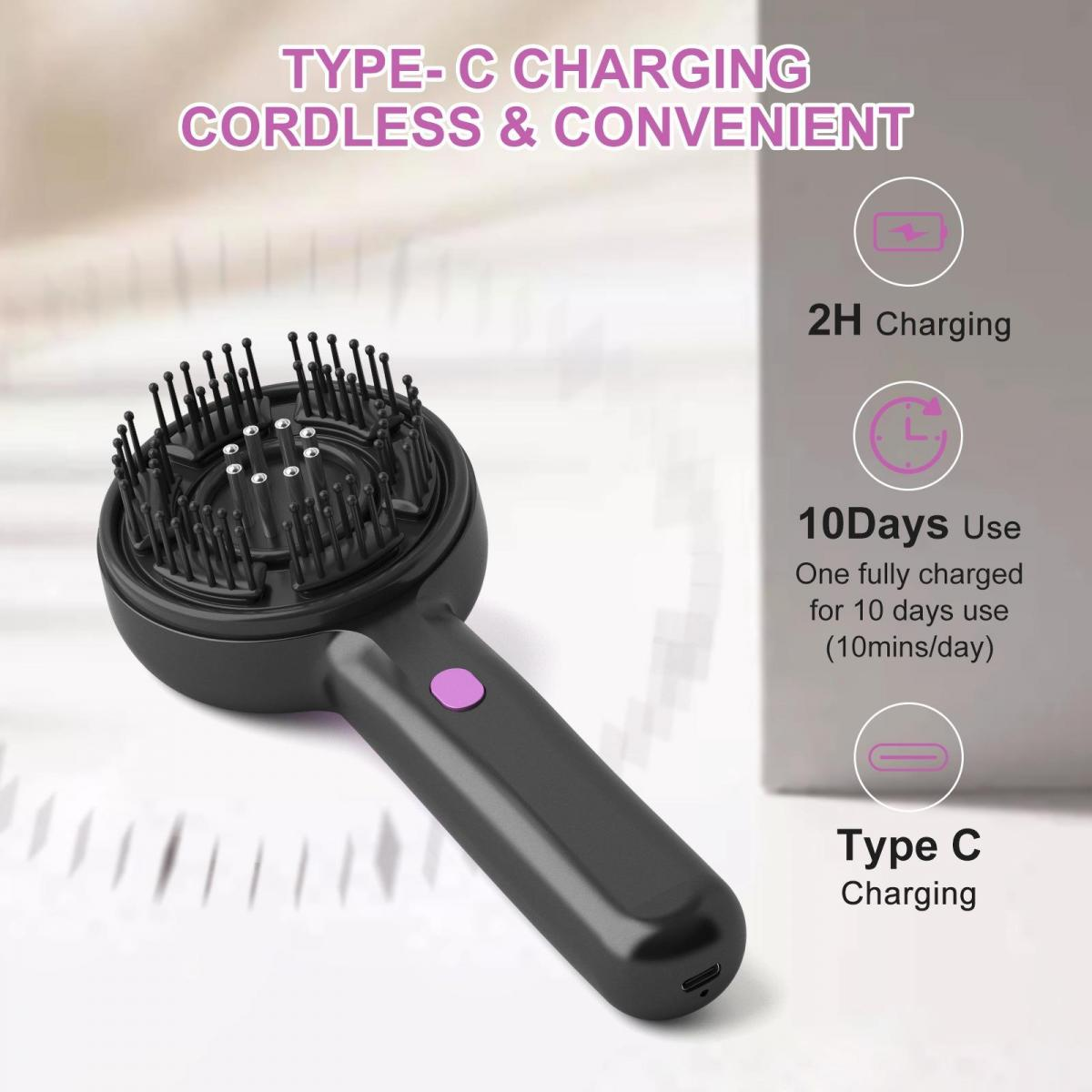 Eine schwarze Haarbürste mit lila Knopf. Text zeigt 'Type-C Charging Cordless & Convenient'. Auch '2H Charging' und '10 Days Use'.