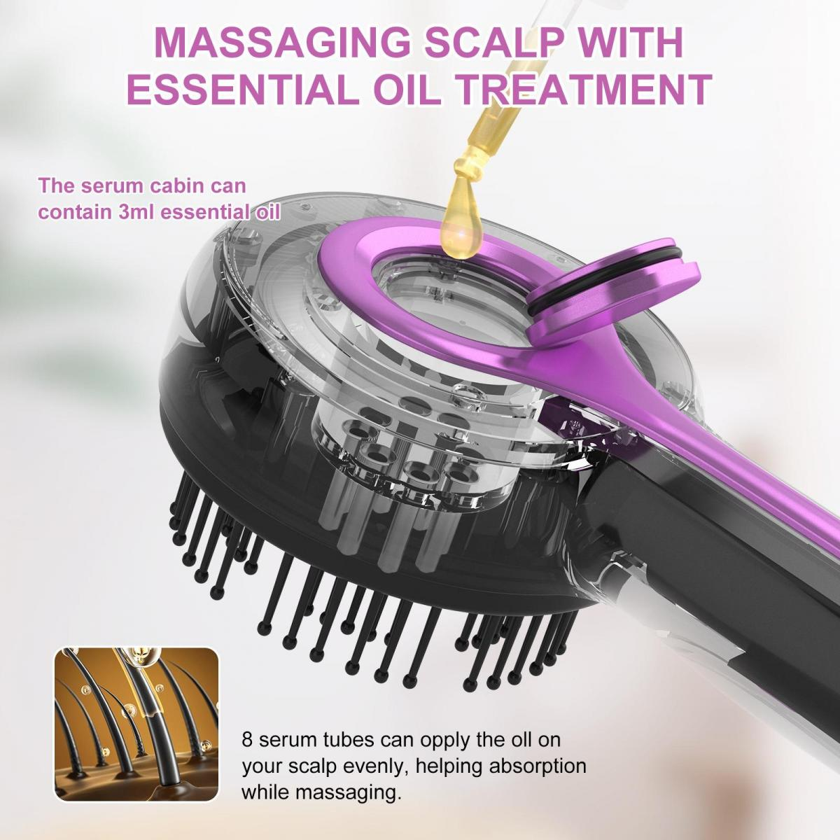 Ein Gerät zur Kopfhautmassage mit Öl. Lila und schwarzes Gerät mit Borsten und einer Pipette, die Öl abgibt. Text sagt ätherisches Öl.