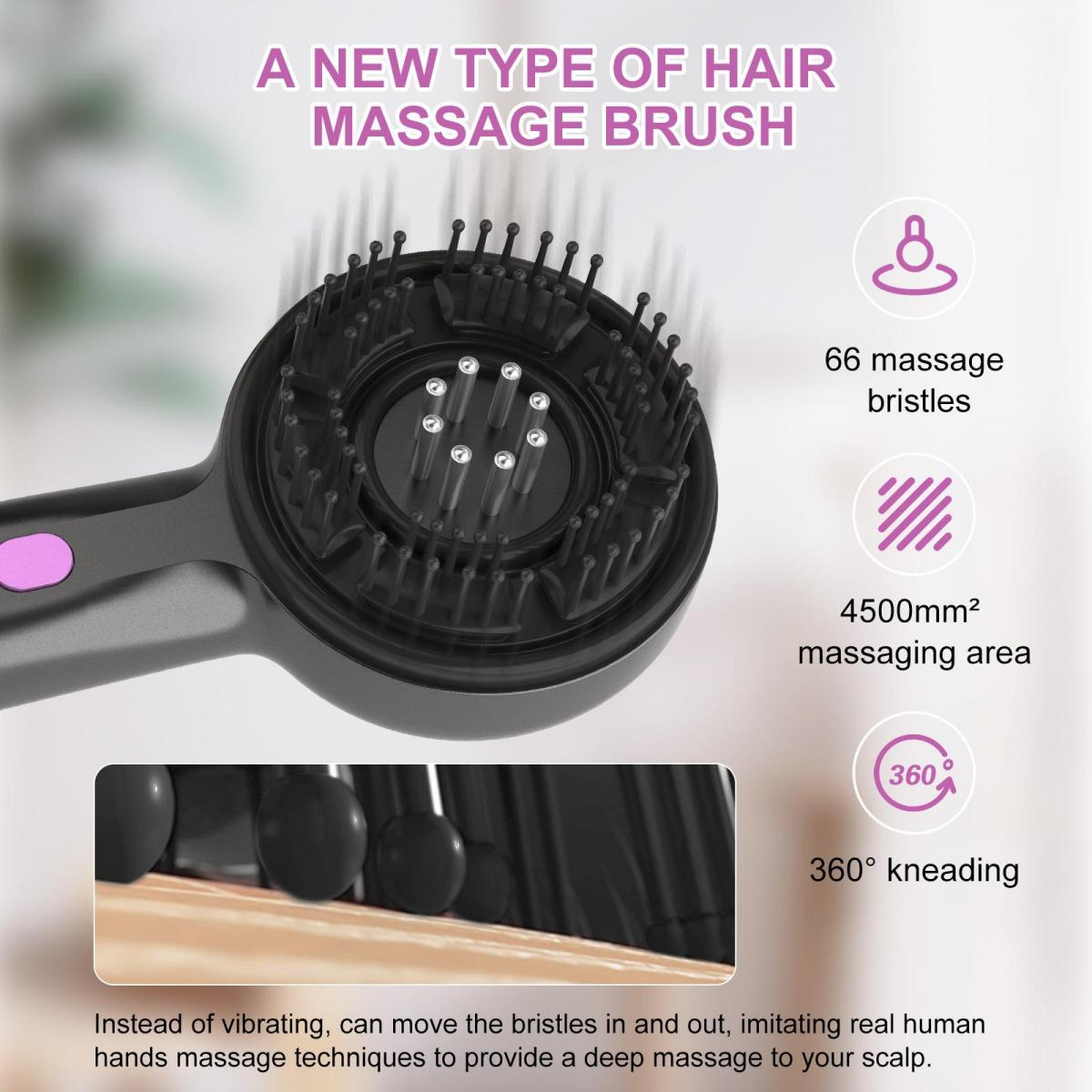 Eine Haarmassagebürste mit schwarzen Borsten und einem Griff. Text: 'A NEW TYPE OF HAIR MASSAGE BRUSH' und Details.