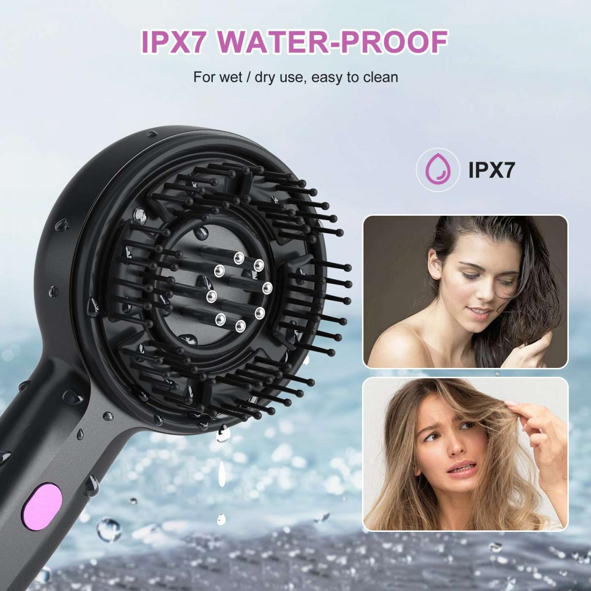 Ein schwarzer Haartrockner mit Borsten. Der Text lautet IPX7 wasserdicht. Zwei Bilder von Frauen mit nassem und trockenem Haar werden gezeigt.
