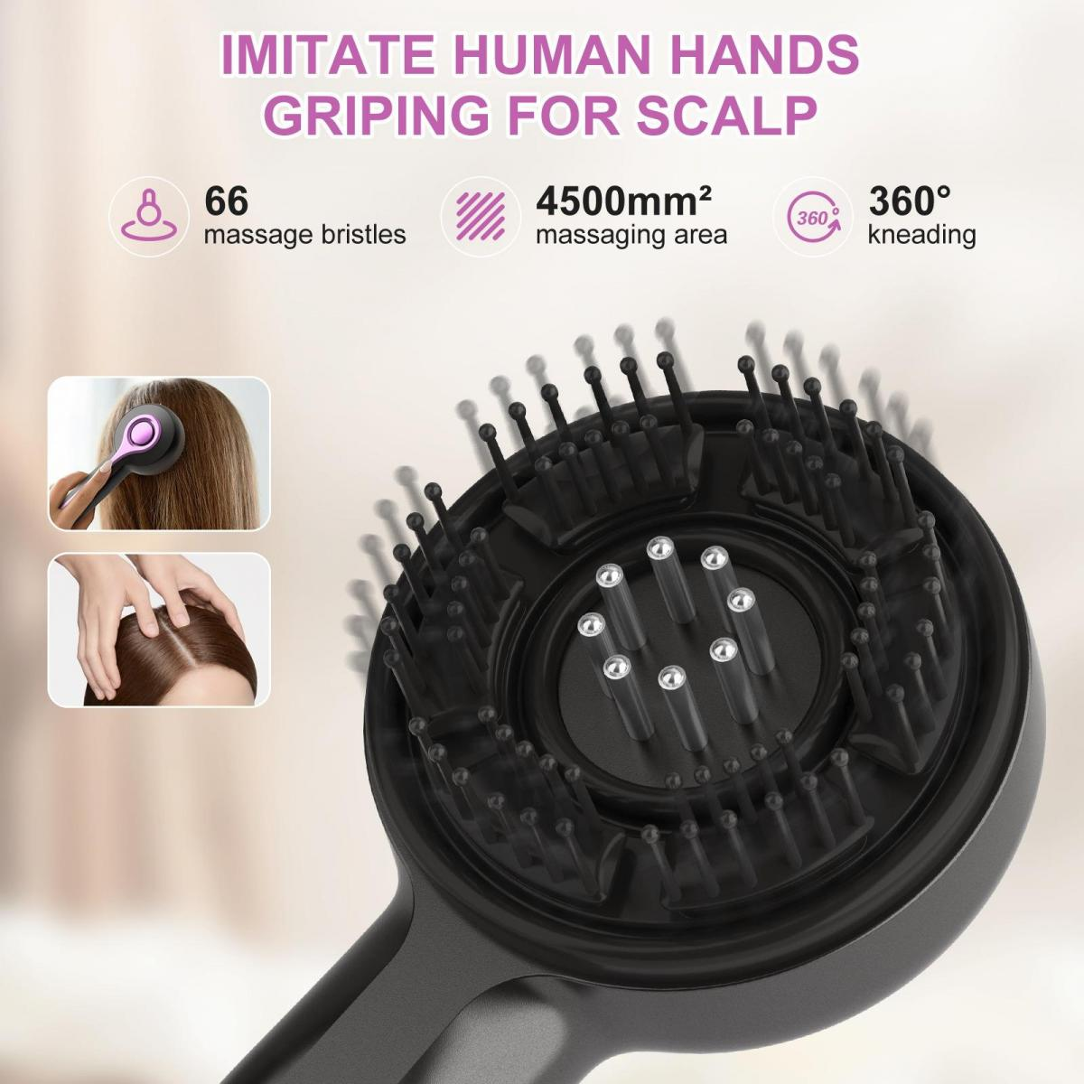 Ein schwarzer Kopfhautmassager mit Borsten. Text zeigt 66 Massageborsten, 4500 mm² Massagefläche und 360° Kneten. Bilder zeigen die Verwendung.