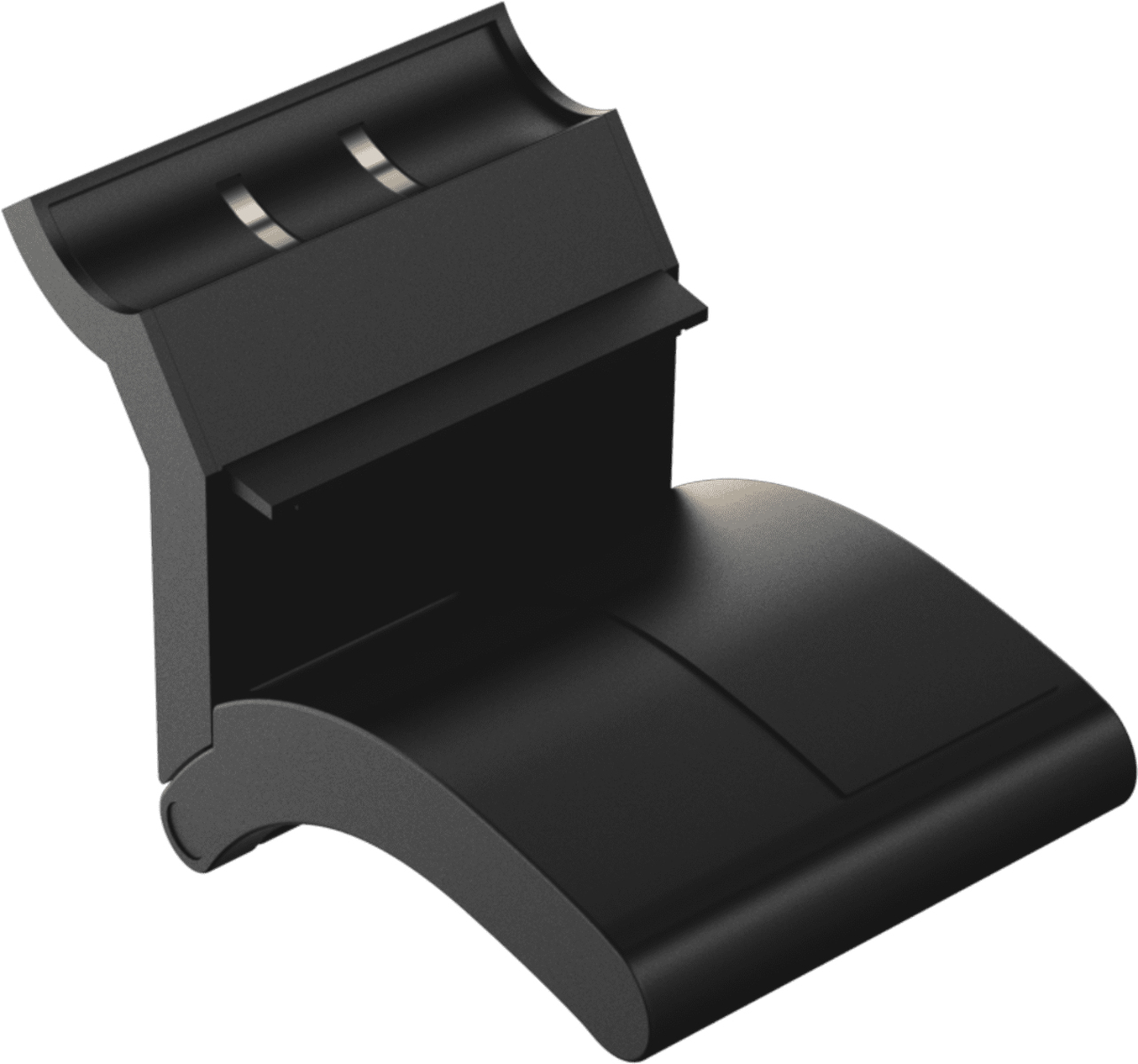 Czarny plastikowy element o zakrzywionych krawędziach. Ma stopniowaną konstrukcję z dwoma srebrnymi akcentami na górze. Obiekt ma nowoczesny design.