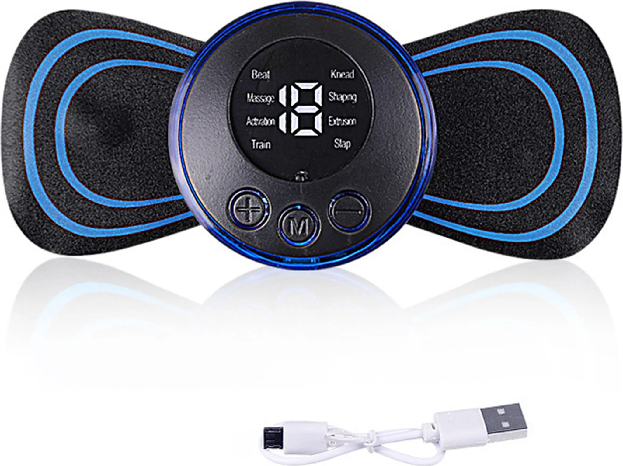 Schwarzer Muskelstimulator mit blauem Rand, Digitalanzeige und USB-Kabel. Bietet Massage, Training und weitere Modi.