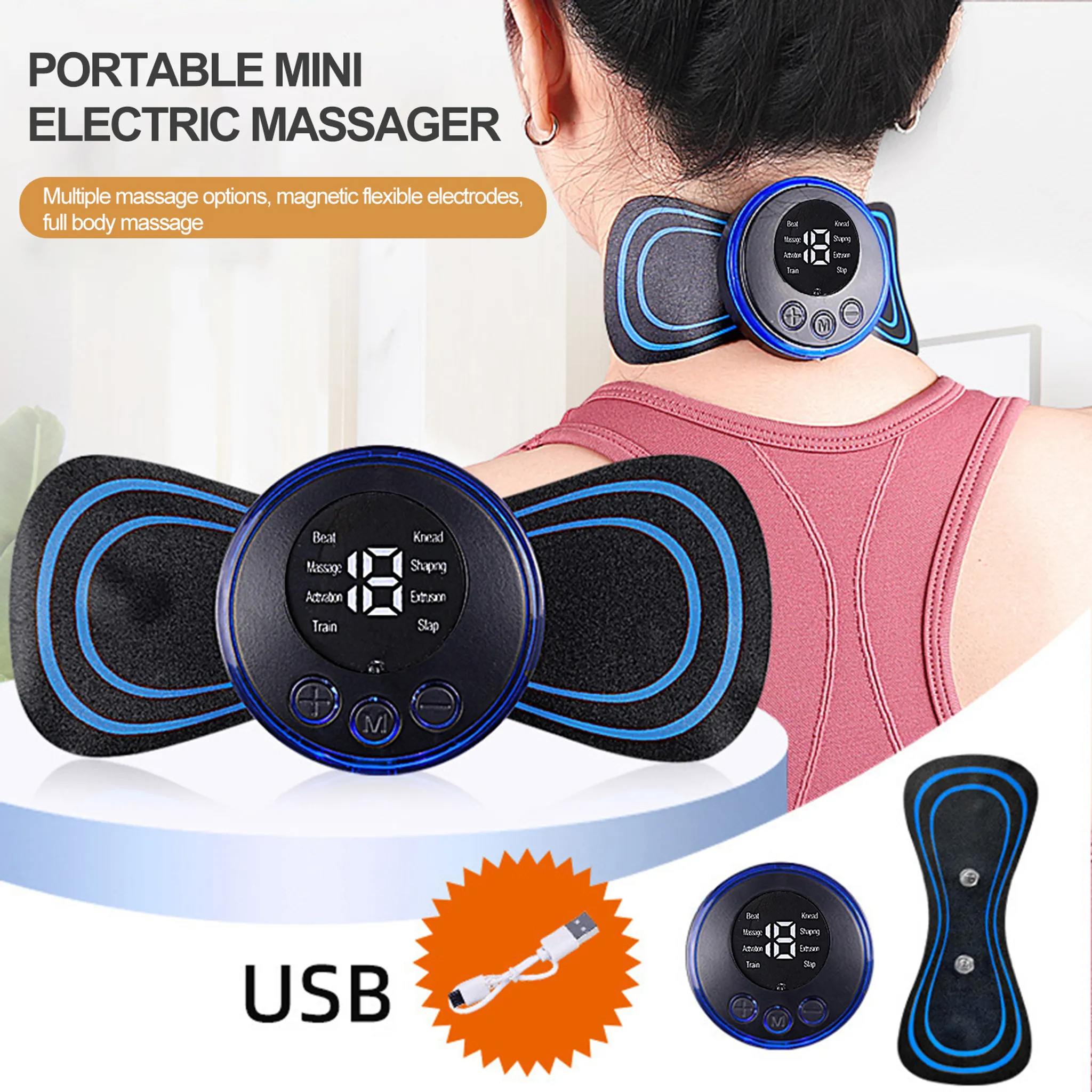 Nackenmassagegerät mit blauen Akzenten, am Hals einer Person befestigt. Ein USB-Kabel und ein zusätzliches Massagegerät sind sichtbar.