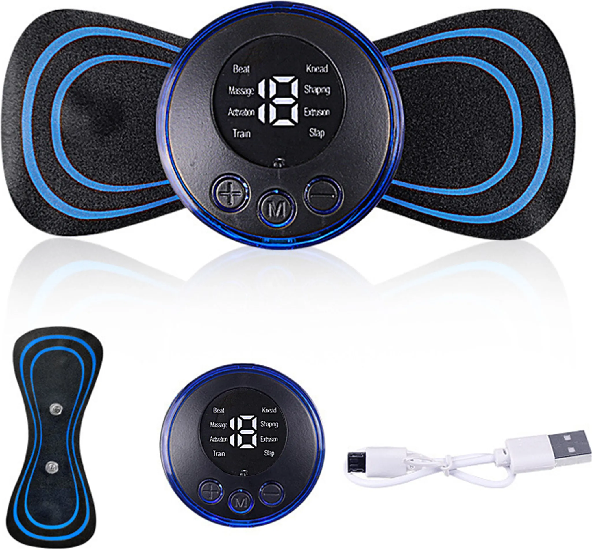 Ein elektrischer Muskelstimulator. Es hat eine zentrale Steuereinheit und zwei schmetterlingsförmige Pads, alle schwarz und blau.