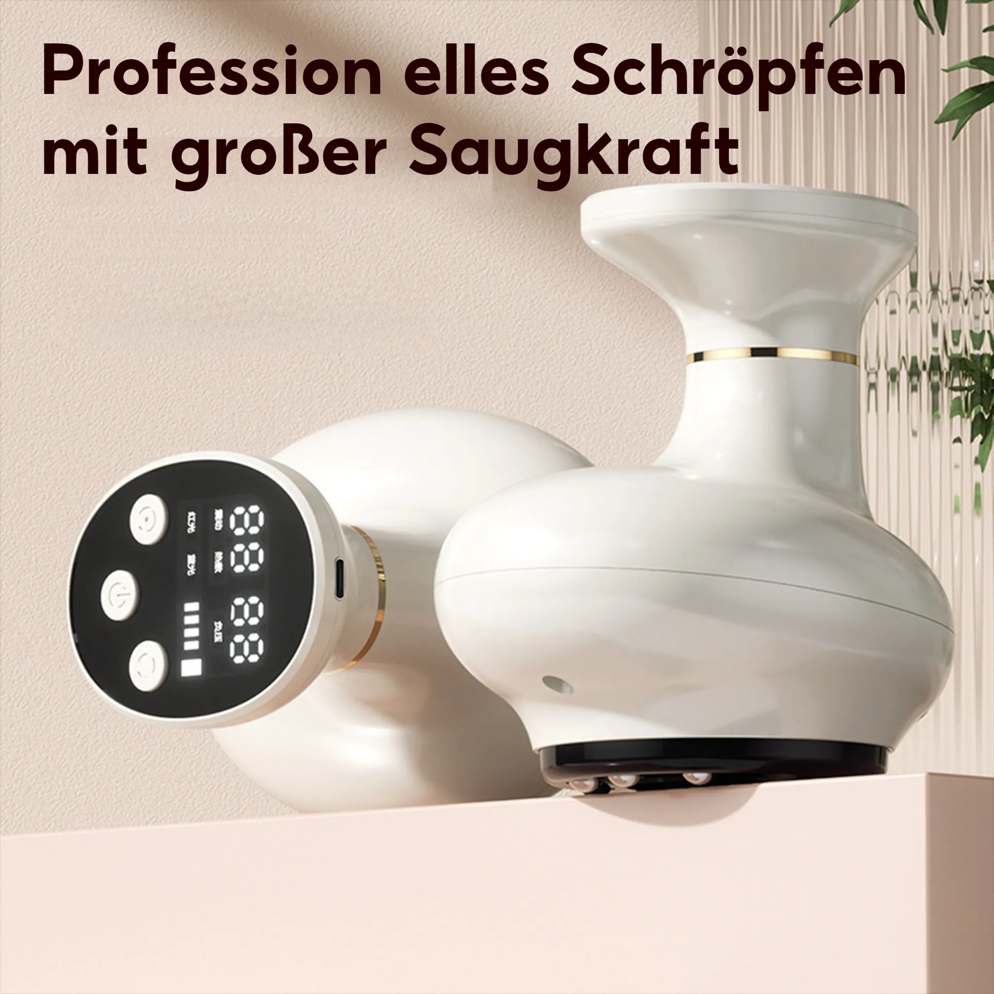 Weißes Massagegerät mit Digitalanzeige. Goldakzente. Text auf Deutsch: Professionelles Schröpfen mit großer Saugkraft.