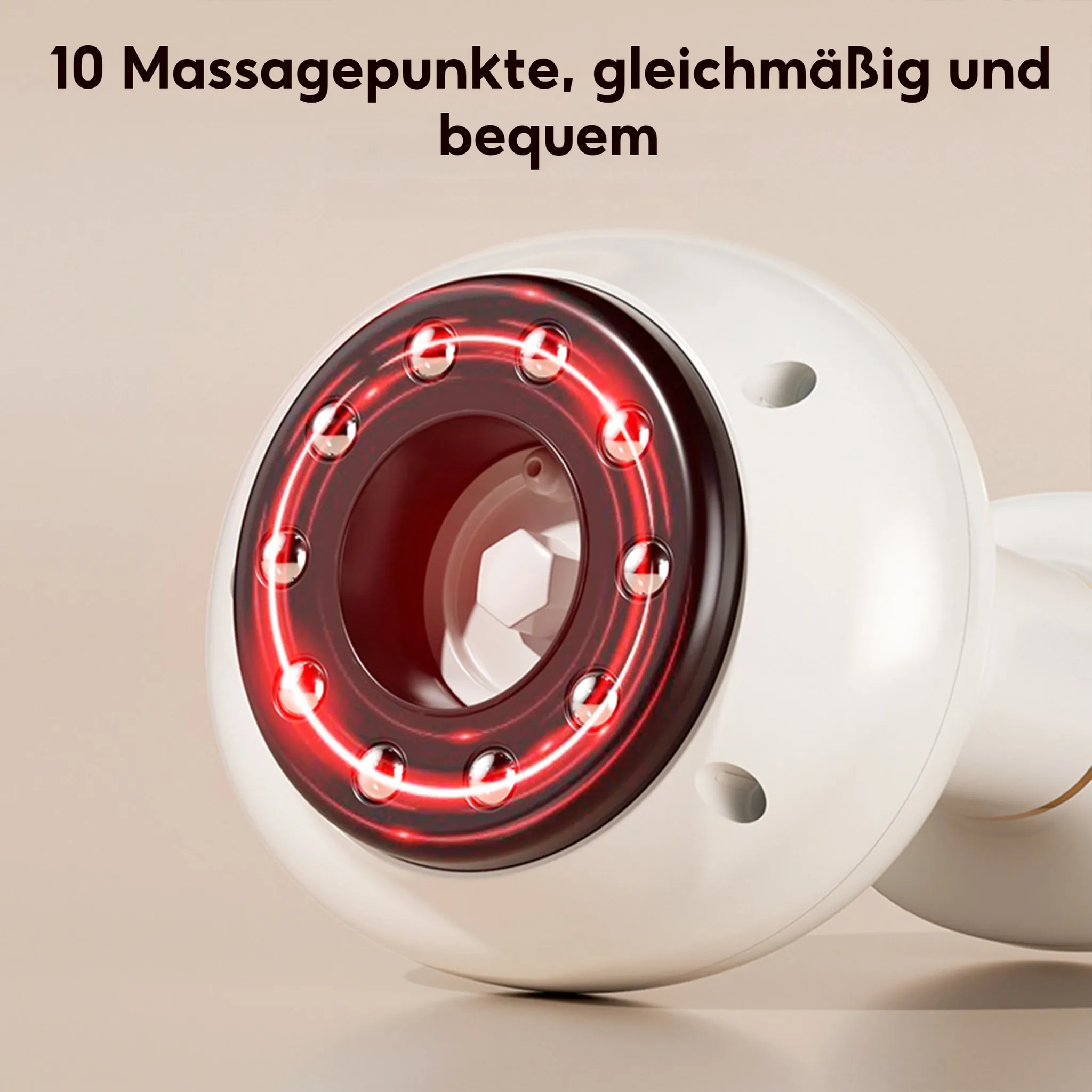 Ein weißes Massagegerät mit roten Lichtern und 10 Massagepunkten. Der Hintergrund ist beige.