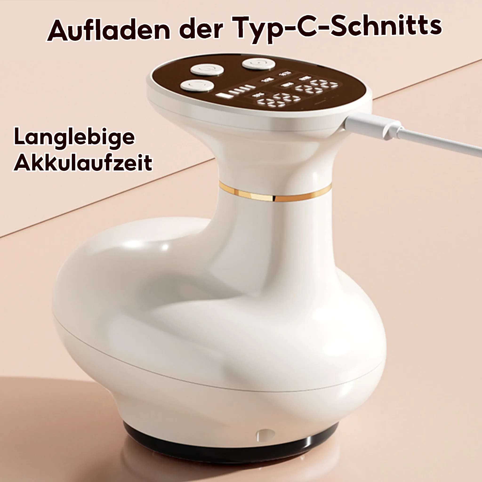 Weißes elektrisches Massagegerät mit Knöpfen und Ladegerät, goldener Zierleiste, auf rosa Oberfläche. Text auf Deutsch.