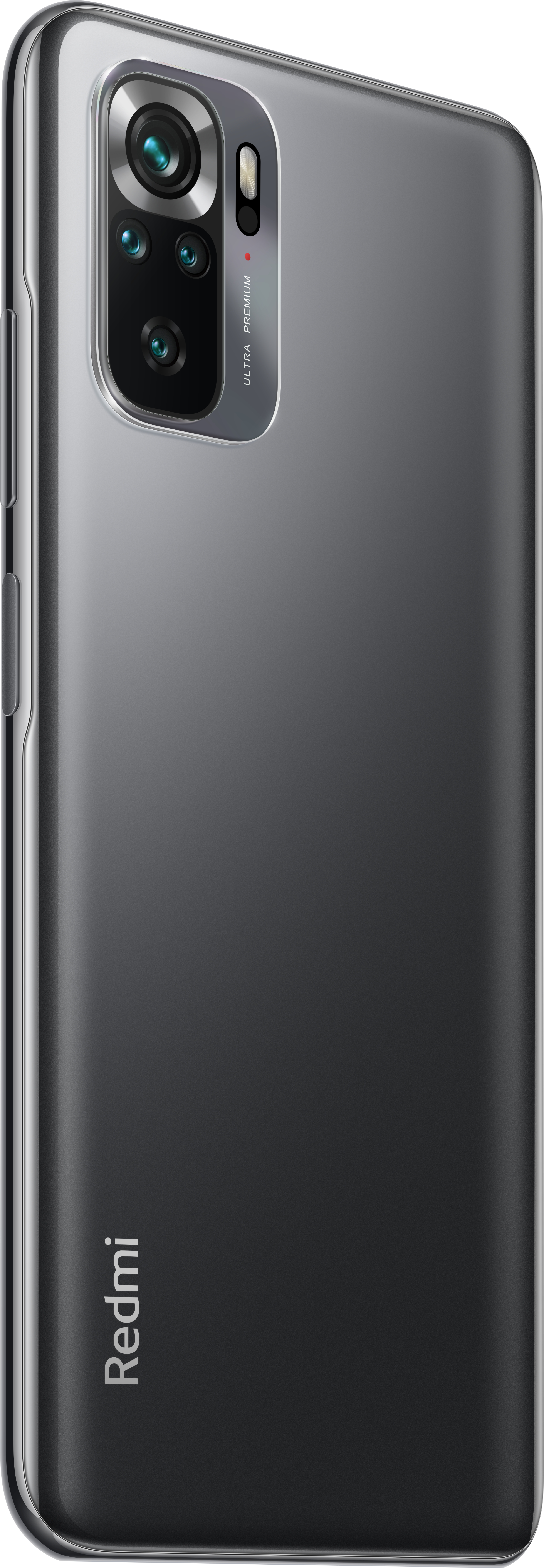 Graues Smartphone mit Kameramodul. Das Telefon hat das Redmi-Logo. Es ist ein schlankes Design.