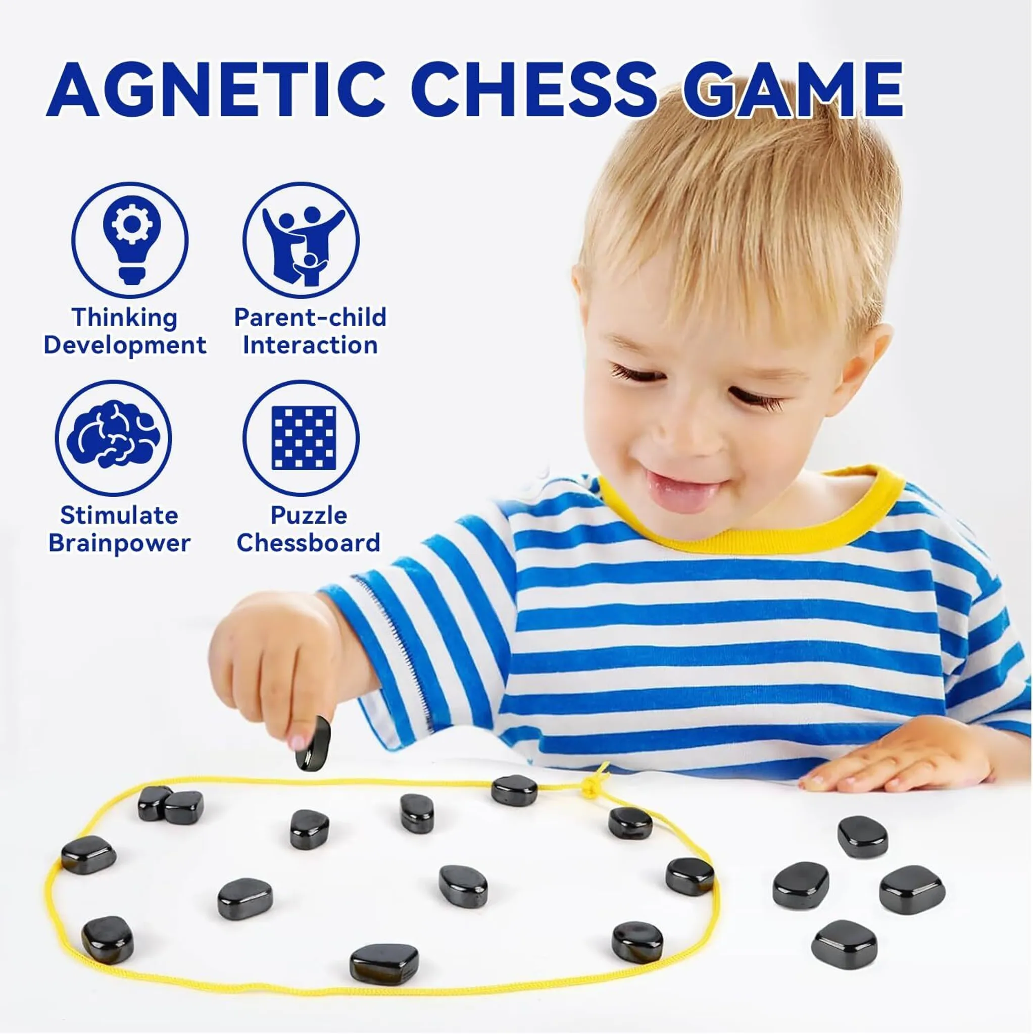 Ein Kind spielt mit einem magnetischen Schachspiel. Das Kind trägt ein blau-weiß gestreiftes Hemd.