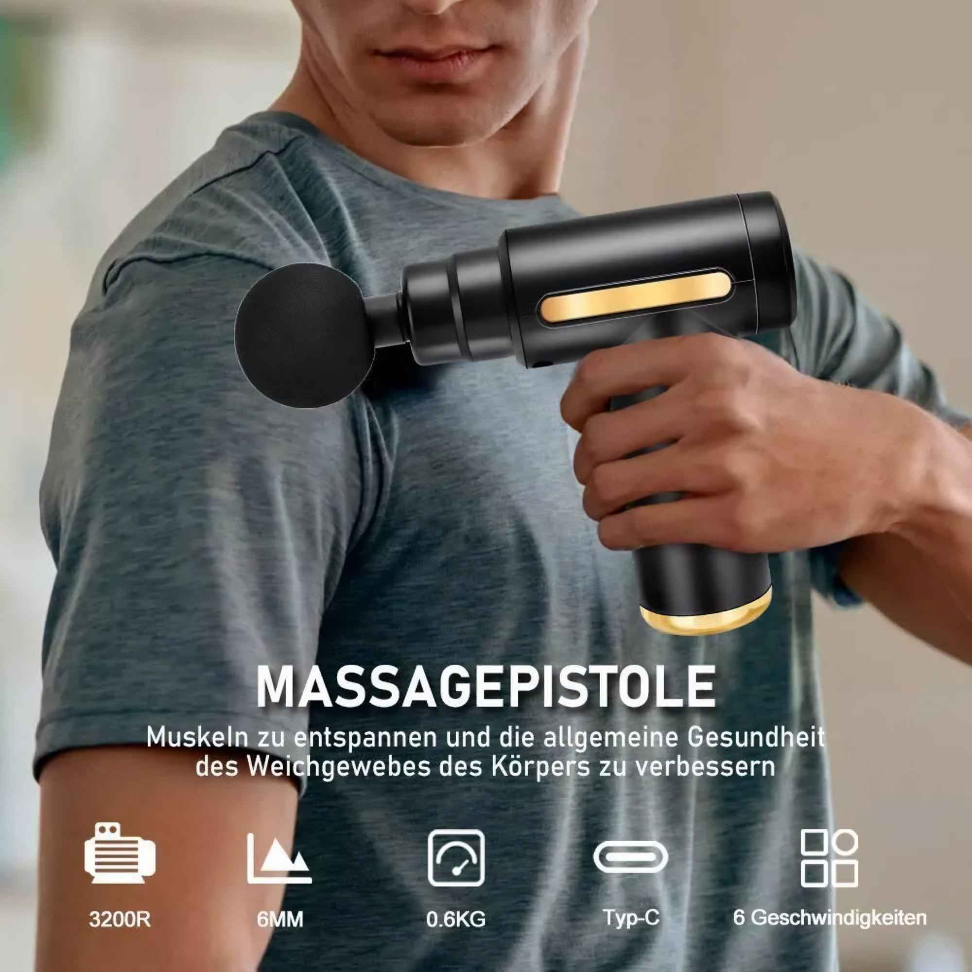 Ein Mann hält eine schwarze Massagepistole. Text: Massagepistole, mit Produktspezifikationen darunter.