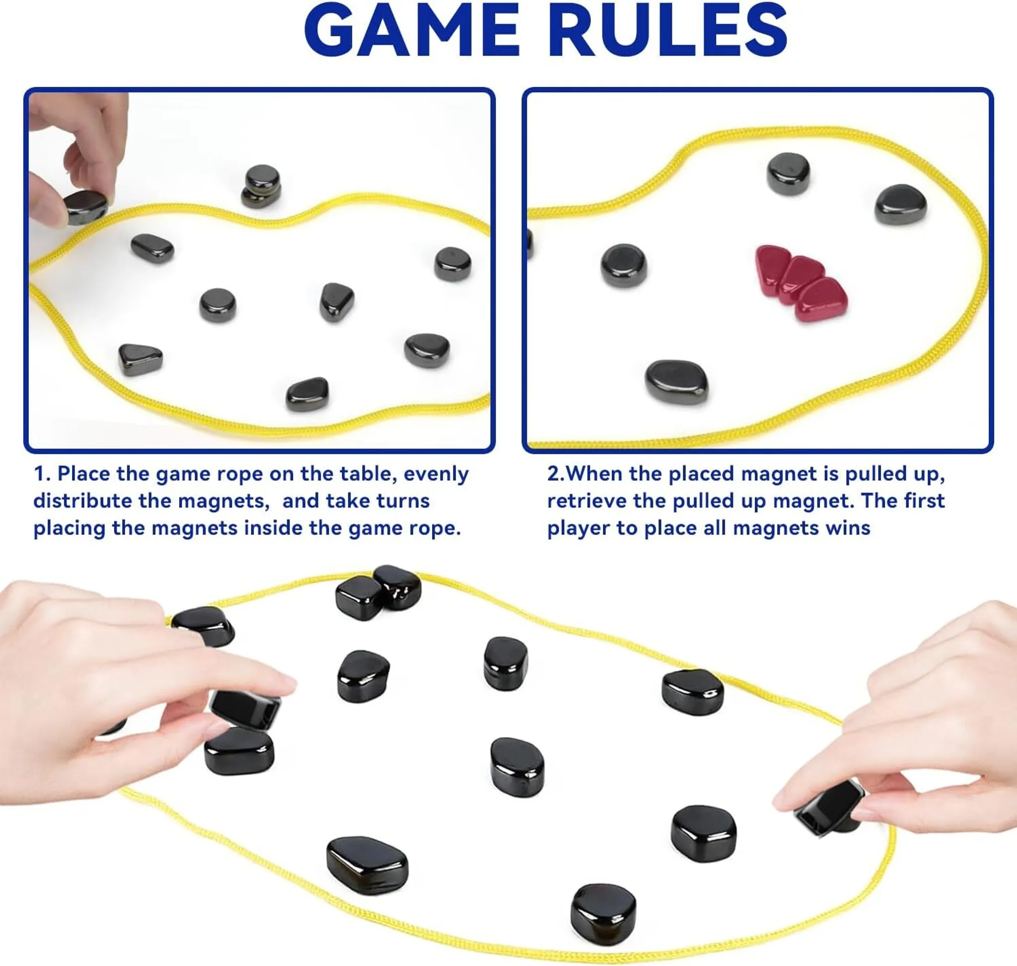 Ein Spiel mit schwarzen Magneten und einem gelben Seil. Anweisungen zeigen Platzierung und Abruf. Hände platzieren die Magnete.