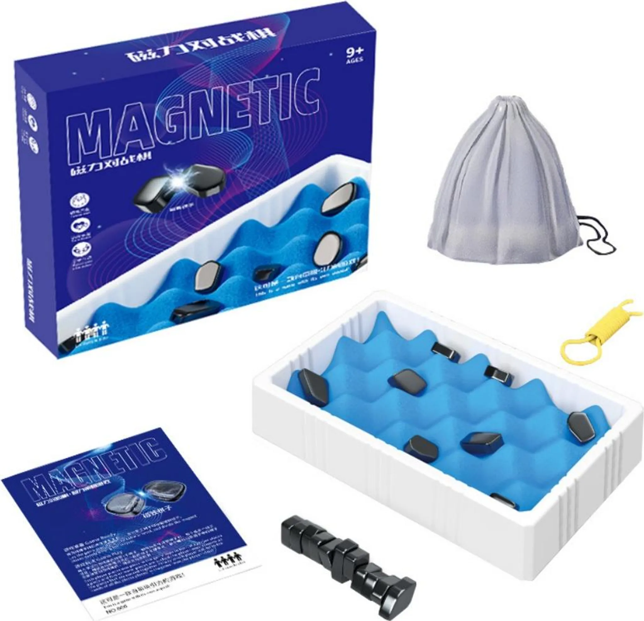 Ein magnetisches Spielset mit Schachtel, Tablett, Magneten, Beutel und Werkzeugen. Das Tablett hat wellenförmigen blauen Schaumstoff. Auf der Box steht 'MAGNETIC'.