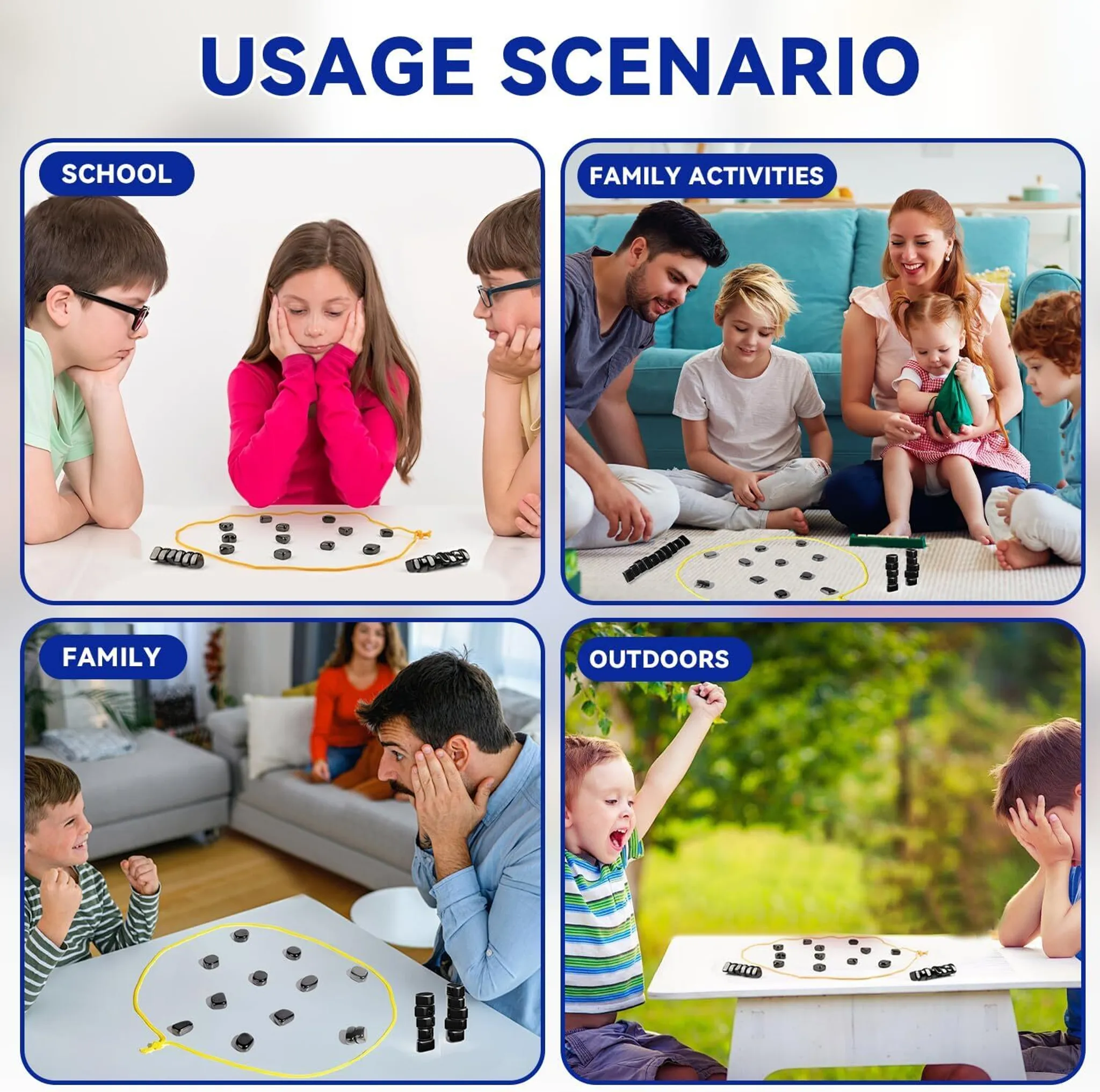 Vier Szenen zeigen die Verwendung eines Brettspiels: Schulkinder, Familie, im Freien und Familienaktivitäten. Jede Szene zeigt spielende Menschen.