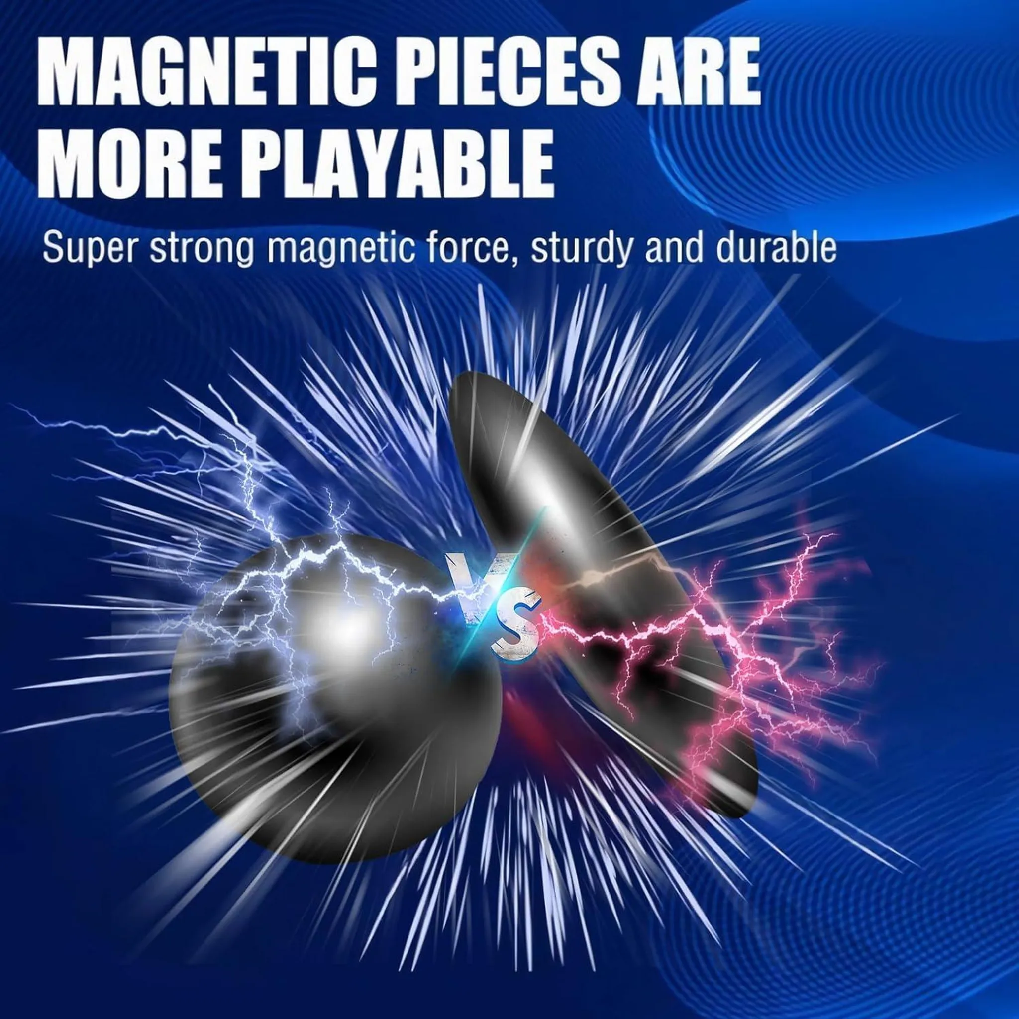 Bild mit Text 'MAGNETIC PIECES ARE MORE PLAYABLE'. Zwei Magnetteile mit blauem und pinkfarbenem Blitz auf blauem Hintergrund.