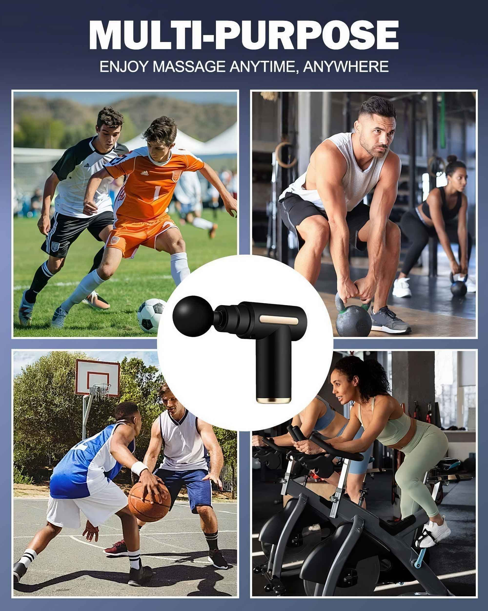 Das Bild zeigt Menschen in Aktion: Fußball, Gewichtheben, Basketball, Radfahren. In der Mitte befindet sich eine Massagepistole.