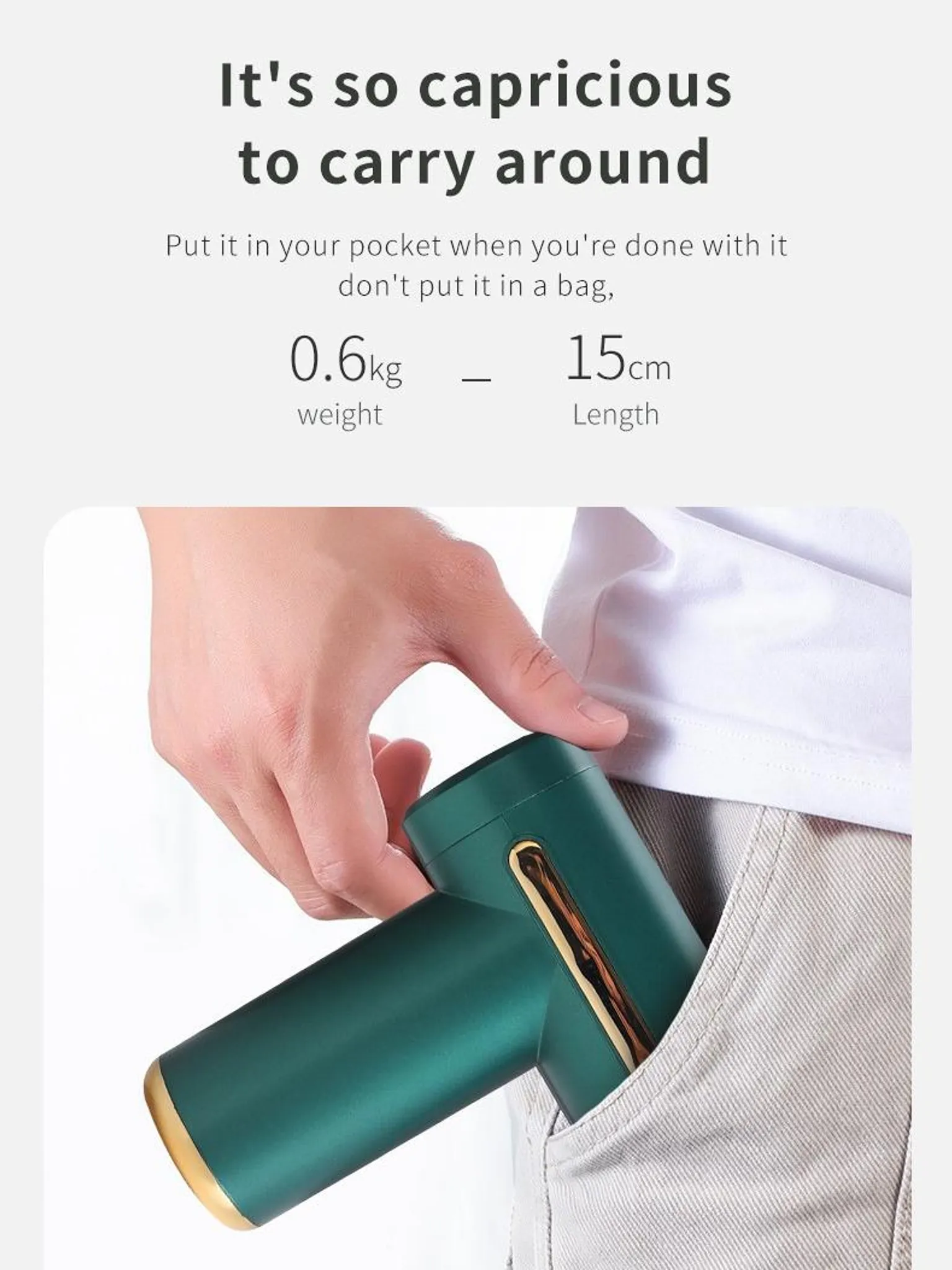 Eine Hand legt ein teal- und goldfarbenes Gerät in eine Tasche. Der Text sagt, dass es leicht zu transportieren ist, 0,6 kg und 15 cm lang.
