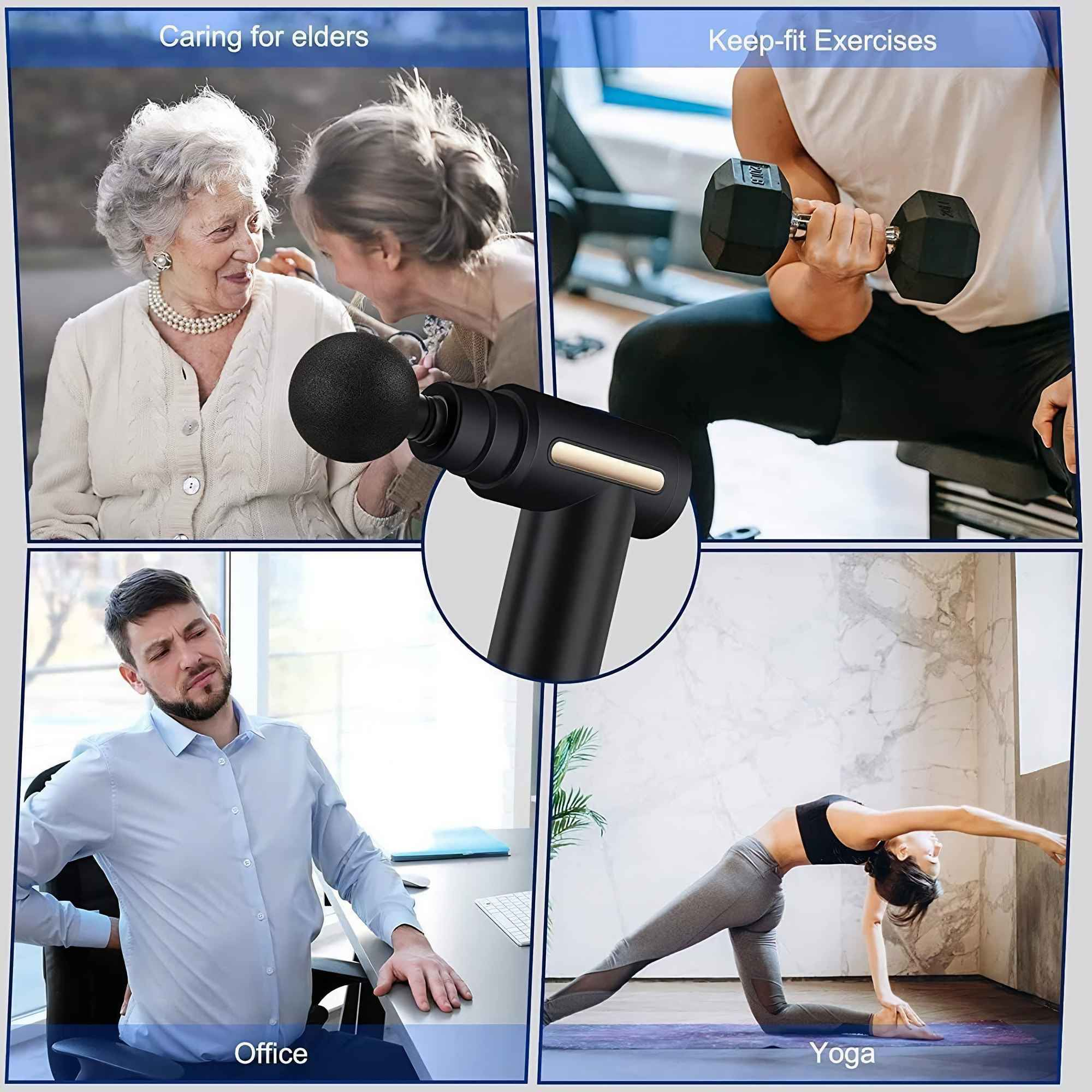 Das Bild zeigt Massagepistole, Altenpflege, Fitnessübungen, Büroangestellter mit Rückenschmerzen und Yoga.