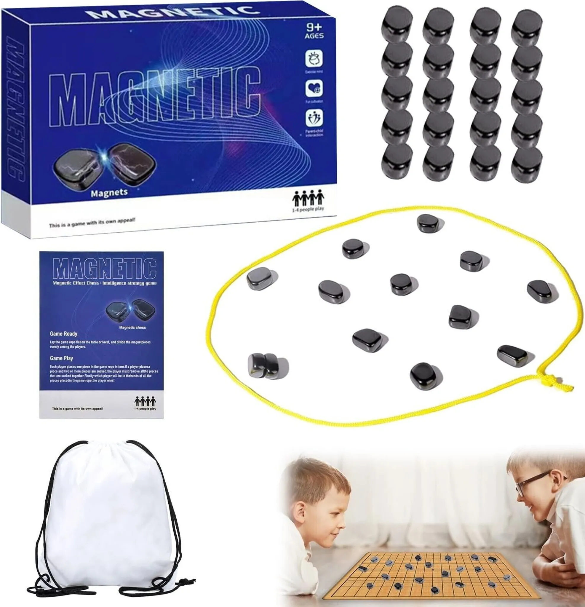 Eine Spielbox mit Magneten, eine weiße Tasche, ein Spielbrett und zwei spielende Kinder. Es gibt auch Spielsteine.