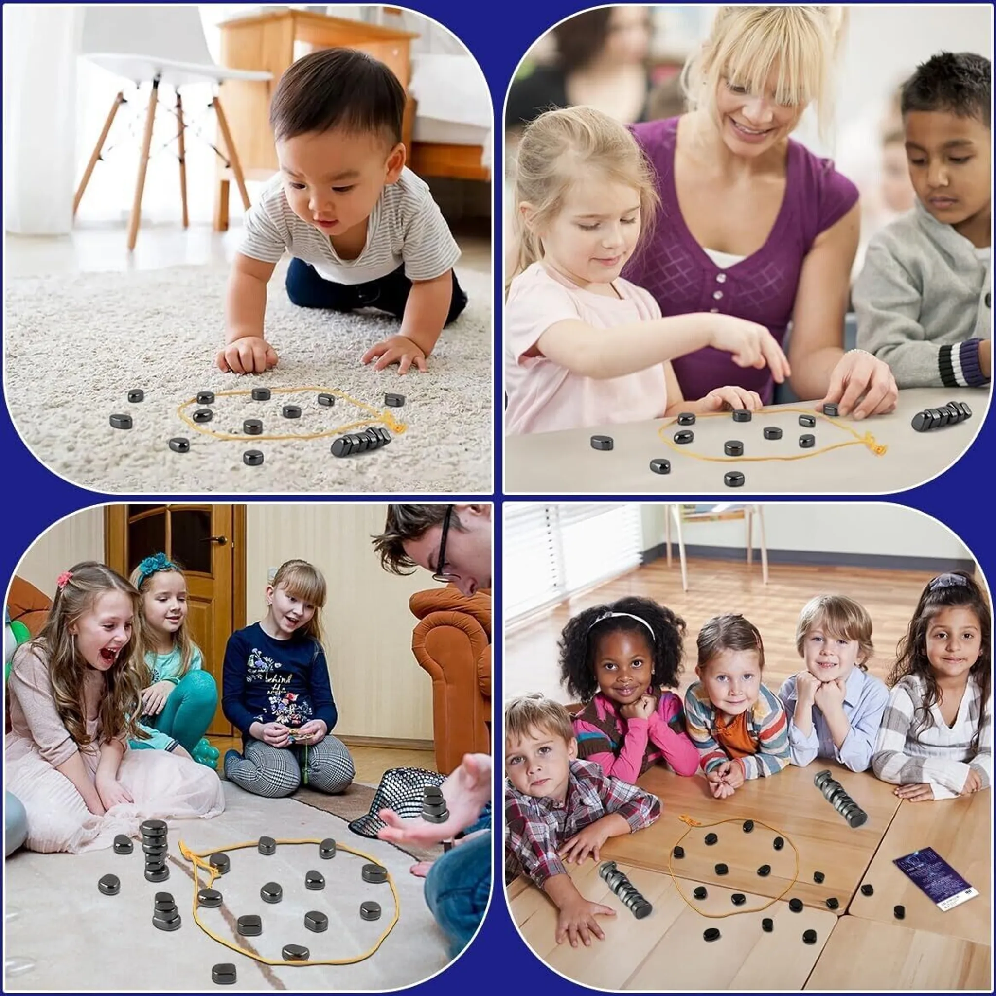 Vier Bilder zeigen Kinder und Erwachsene, die mit Magneten und einer Schnur spielen. Die Szenen variieren in der Umgebung und den Teilnehmern.