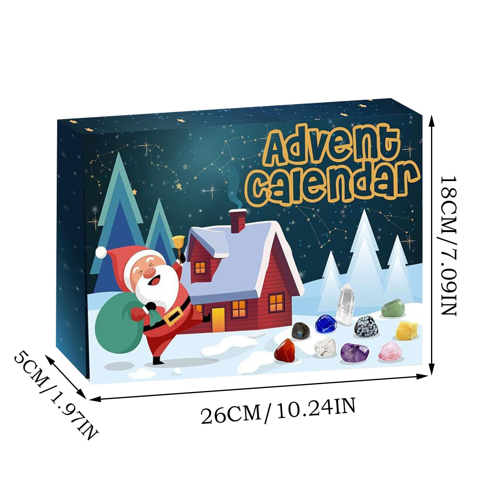 Adventskalenderbox mit Weihnachtsmann, Haus und Edelsteinen. Abmessungen sind angegeben. Sterne und Bäume im Hintergrund.