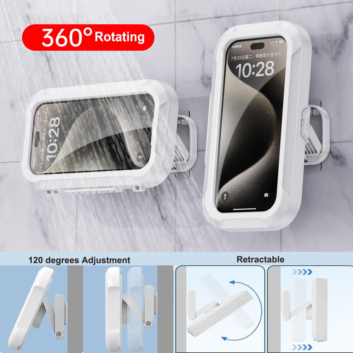 Zwei weiße Telefonhalter an einer Marmorwand, einer davon gedreht. Text: 360° Drehen, 120 Grad Einstellung und Einziehbar.