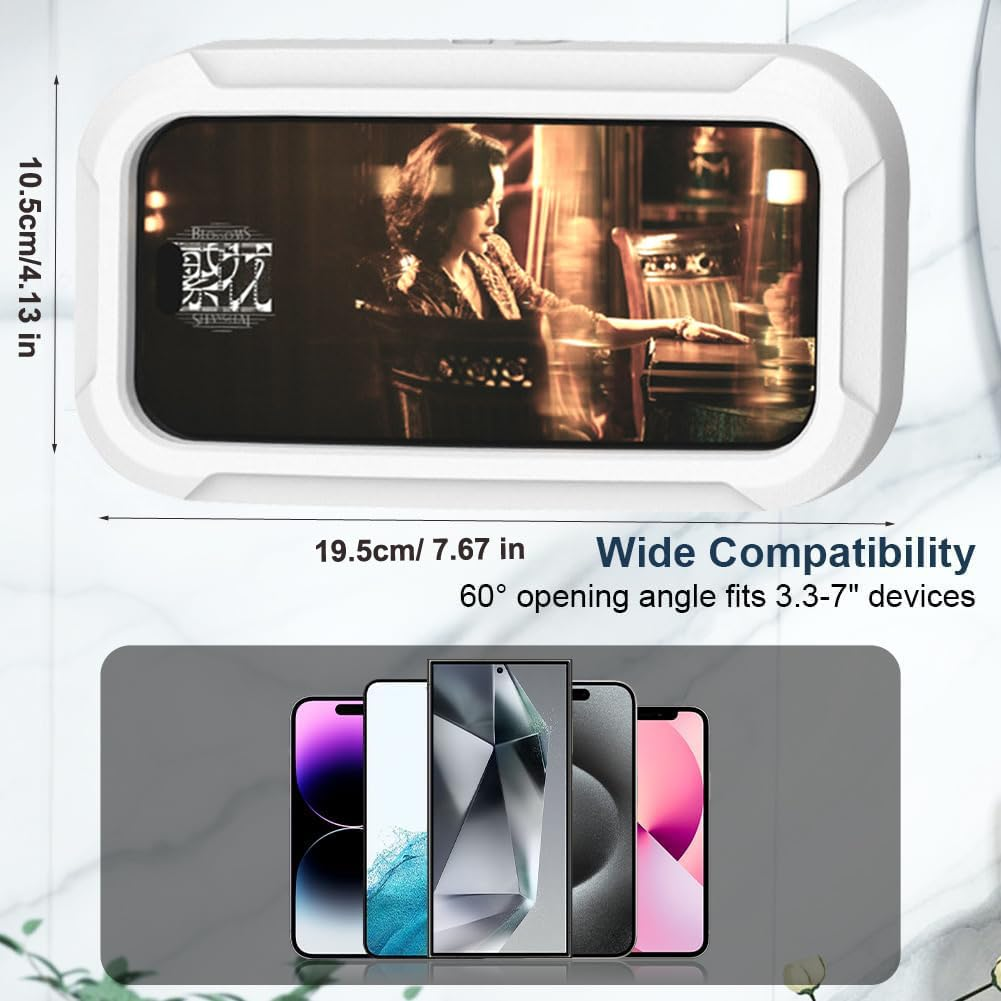Weißer Telefonhalter mit Filmszene auf dem Bildschirm, Telefone unten. Text: Breite Kompatibilität, 60° Öffnungswinkel, passt für 3,3-7" Geräte.