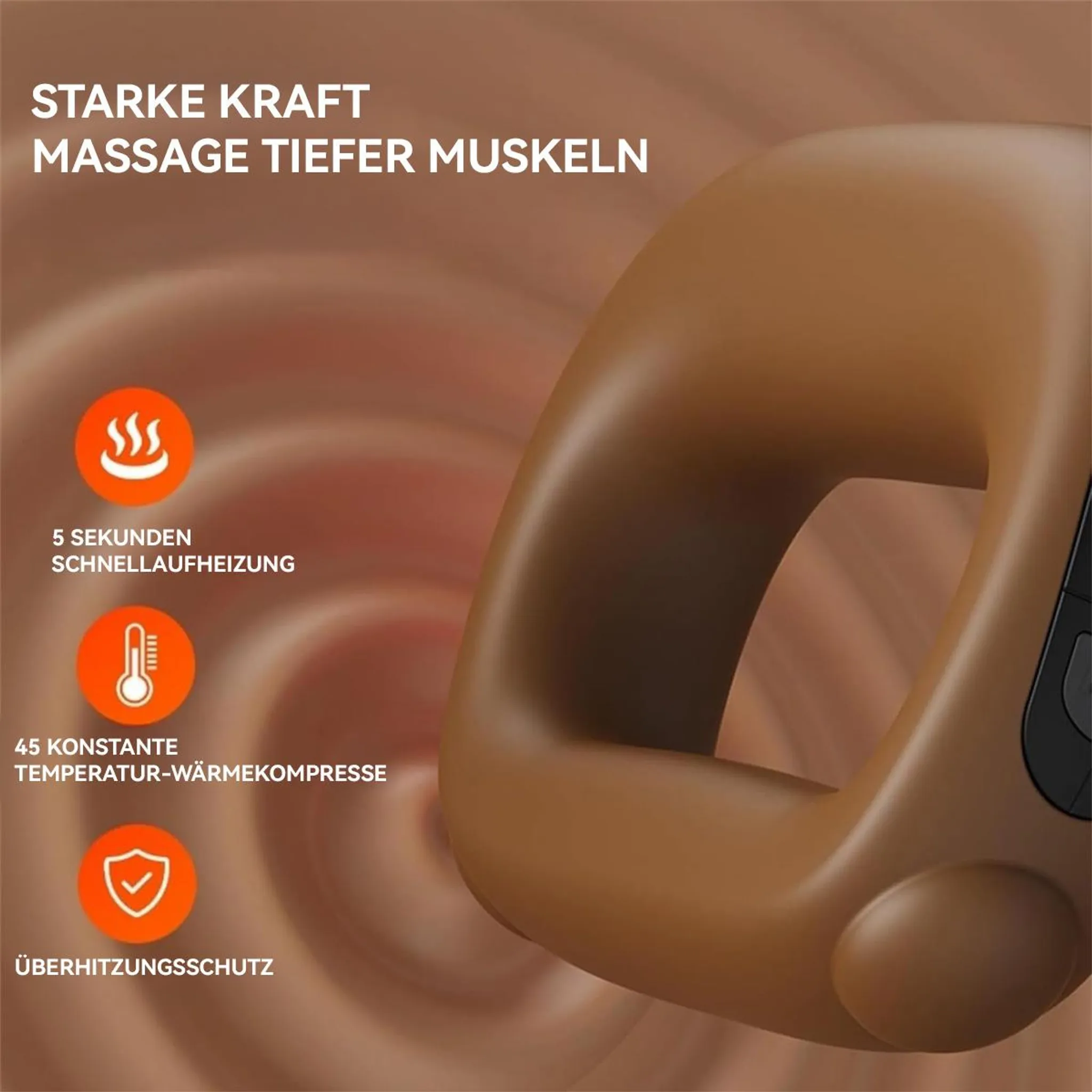 Gezeigt wird ein braunes Massagegerät mit Text, der Merkmale beschreibt: starke Leistung, tiefe Muskelmassage und Überhitzungsschutz.