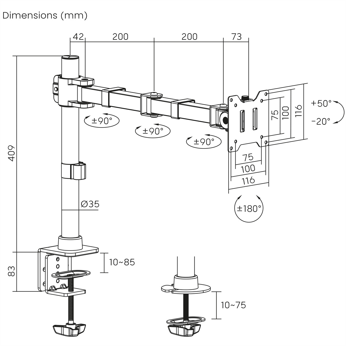 Dessin technique d'un bras de moniteur, avec dimensions en mm, montrant des articulations réglables et des options de montage.
