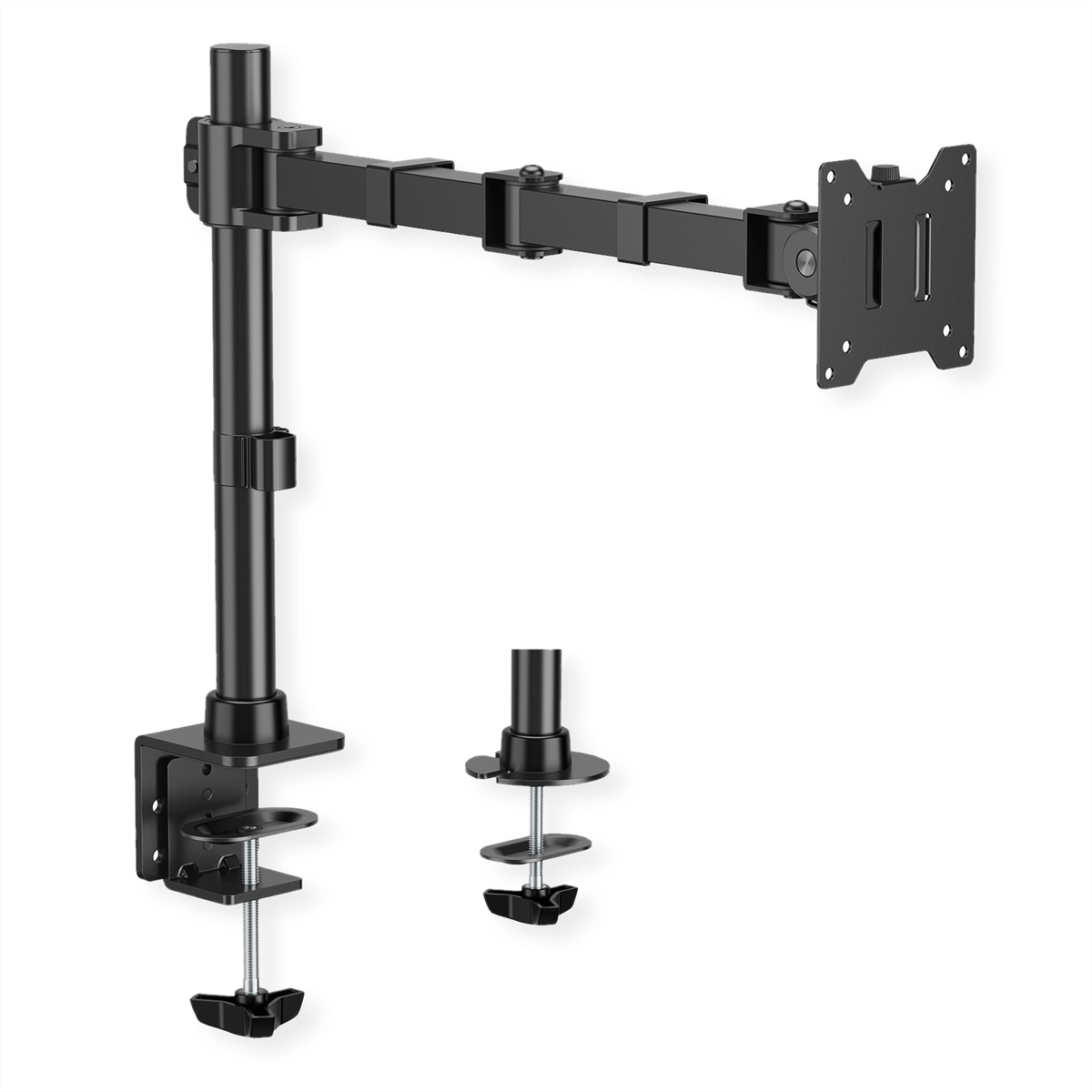 Un bras de moniteur noir, avec une pince pour montage sur bureau. Il possède plusieurs articulations et un support VESA.
