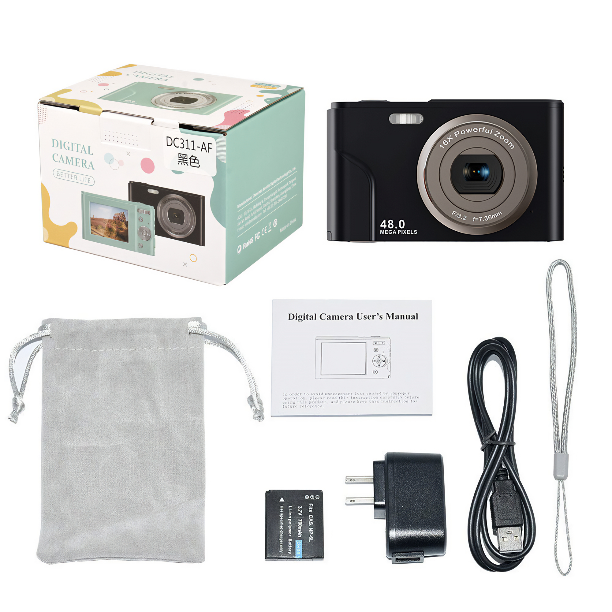 Ein digitales Kamera-Kit mit Kamera, Box, Zubehör und Benutzerhandbuch.