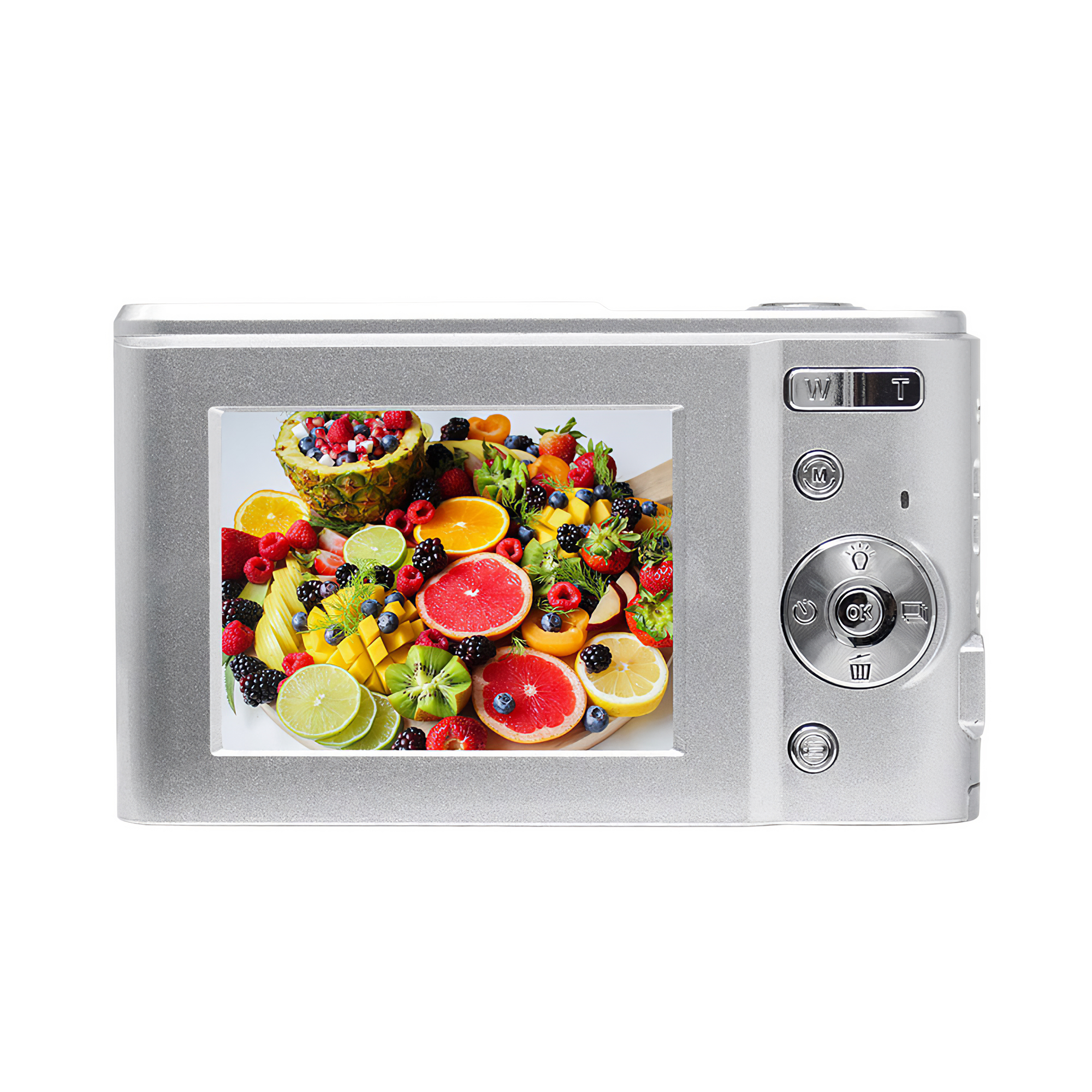 Eine silberne Digitalkamera zeigt einen bunten Obstteller: Beeren, Zitrusfrüchte und eine Ananas.