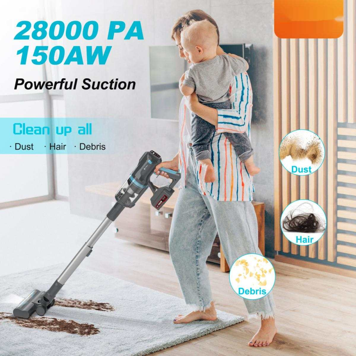 Eine Frau hält ein Baby, während sie staubsaugt. Der Staubsauger befindet sich auf einem Teppich. Der Text enthält '28000 PA', 'Powerful Suction' und 'Clean up all'.