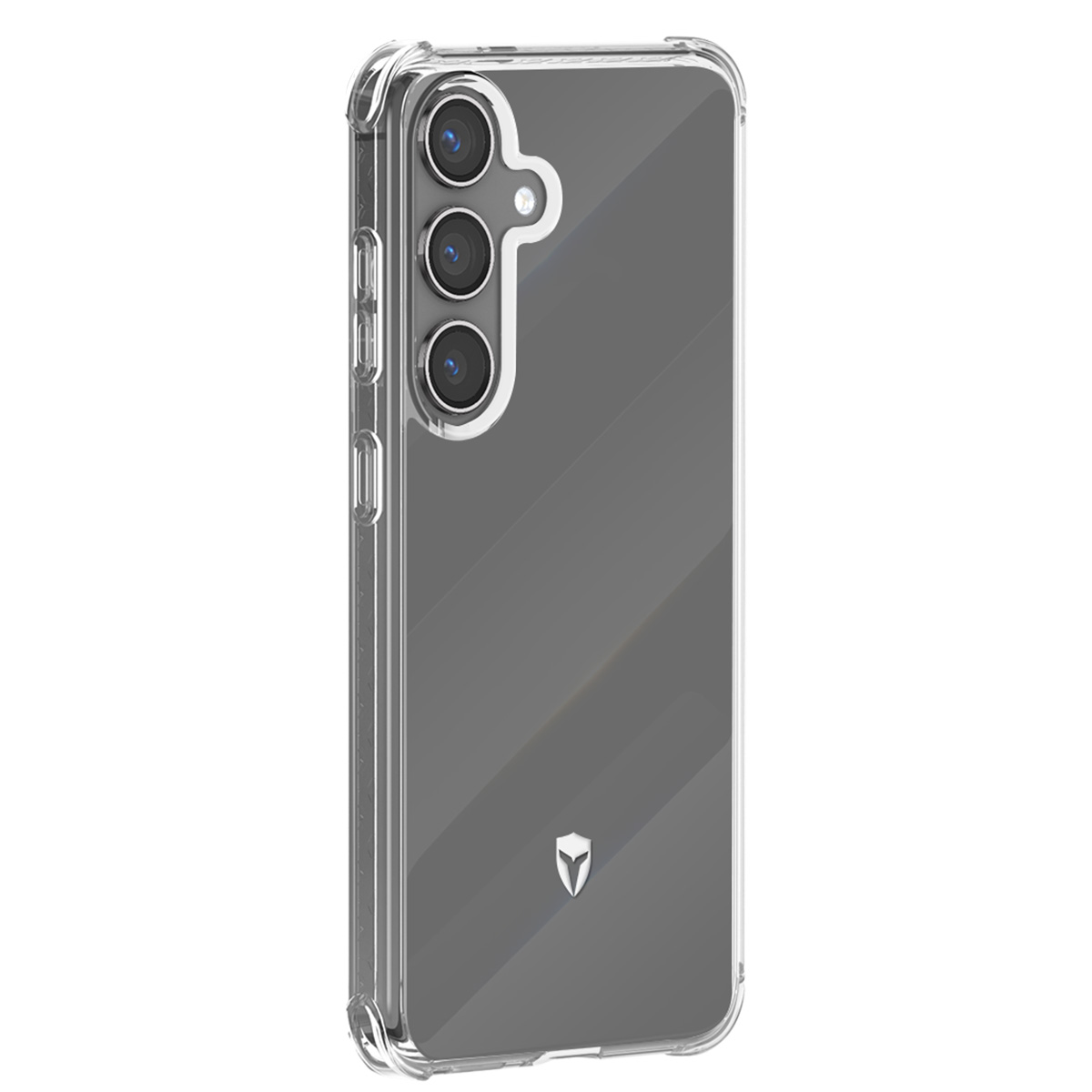 Viene mostrata una custodia trasparente per telefono con fotocamera a tripla lente e un logo. La custodia ha un retro trasparente e bordi protettivi.