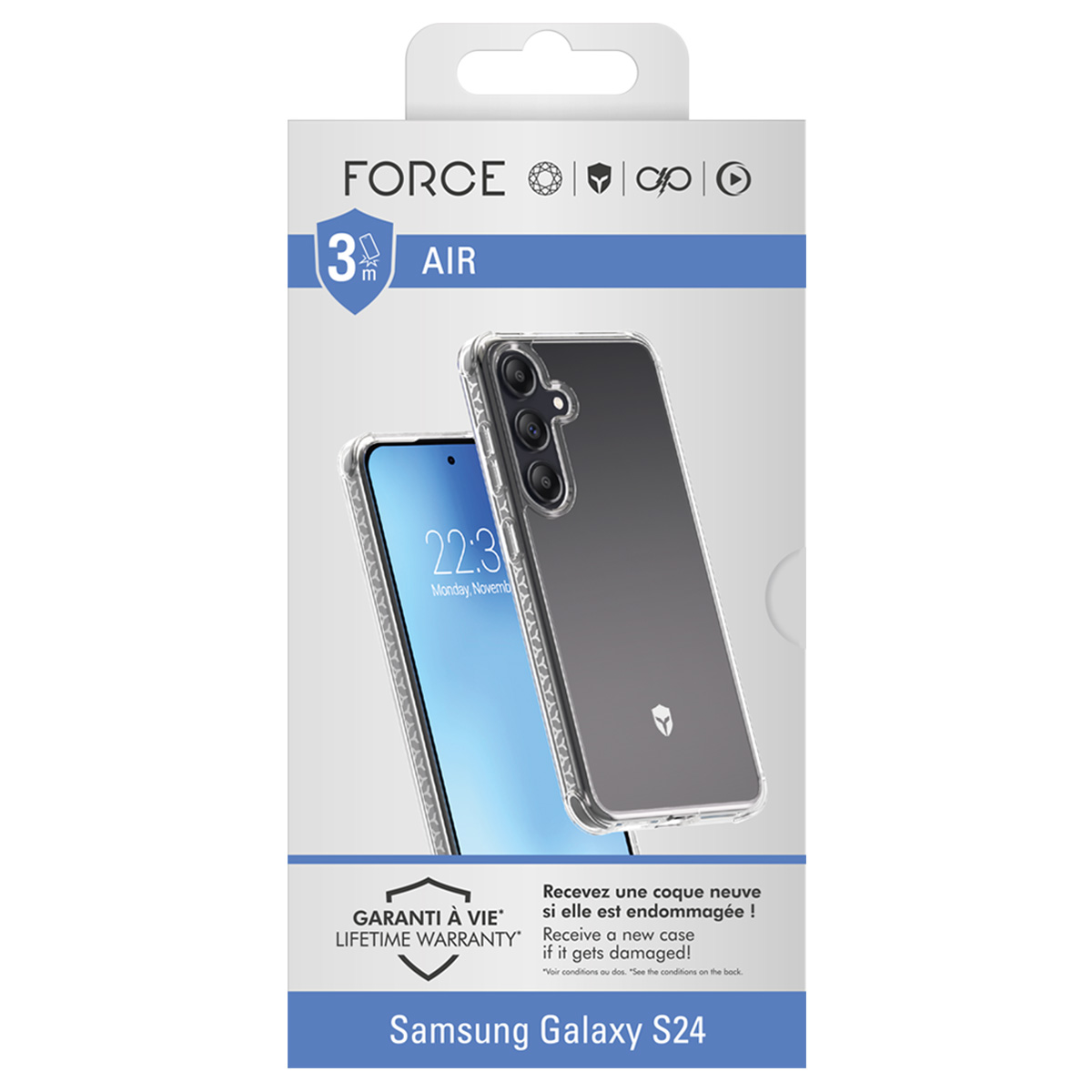 Confezione di custodia per Samsung Galaxy S24. La custodia è trasparente, mostrando lo schermo del telefono. Testo: Force, Air, Garanzia a vita.