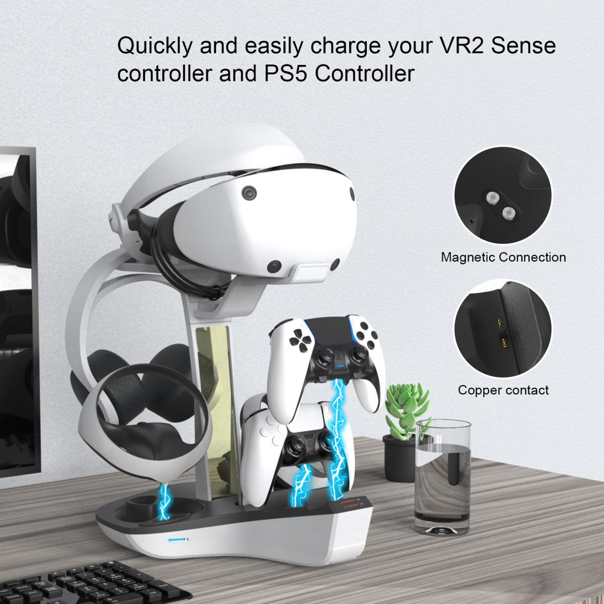Eine weiße VR-Headset- und PS5-Controller-Ladestation. Die Station hat einen Headset-Ständer und Ladepunkte mit Blitzsymbolen.
