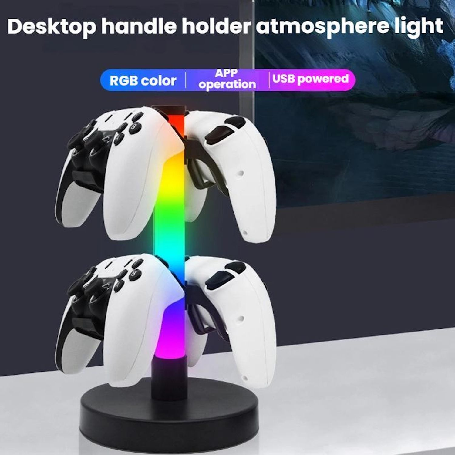 Un soporte de mango de escritorio con luz ambiental RGB, que sujeta cuatro mandos de juego blancos. Funciona por USB y mediante app.