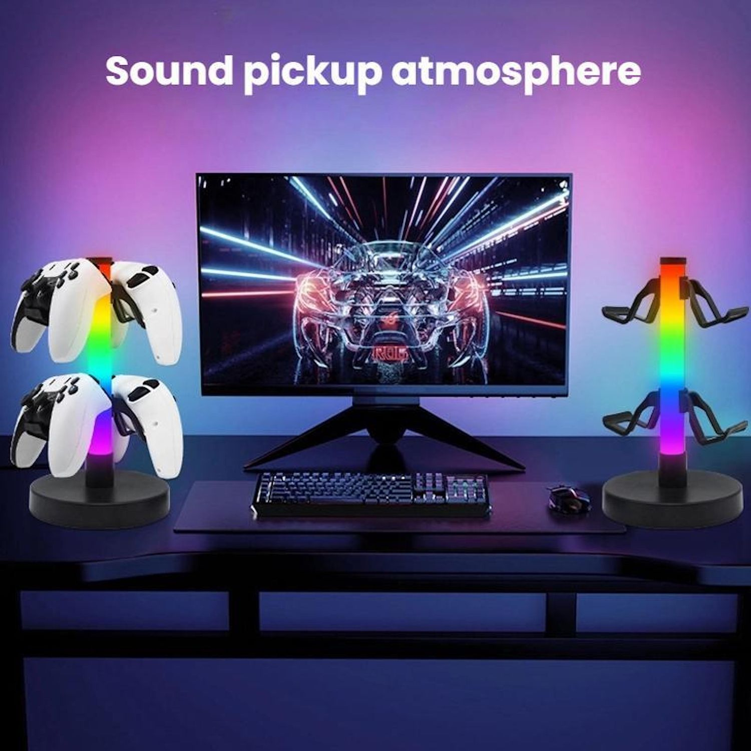 Configuración de juego con mandos, monitor y soportes. La iluminación RGB ilumina la escena. Hay un gráfico de coche en el monitor.