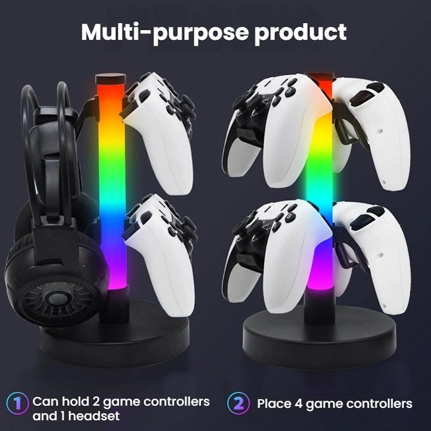 Producto para mandos y auriculares. Contiene dos mandos y unos auriculares, y puede contener hasta cuatro mandos. Tiene una luz arcoíris.