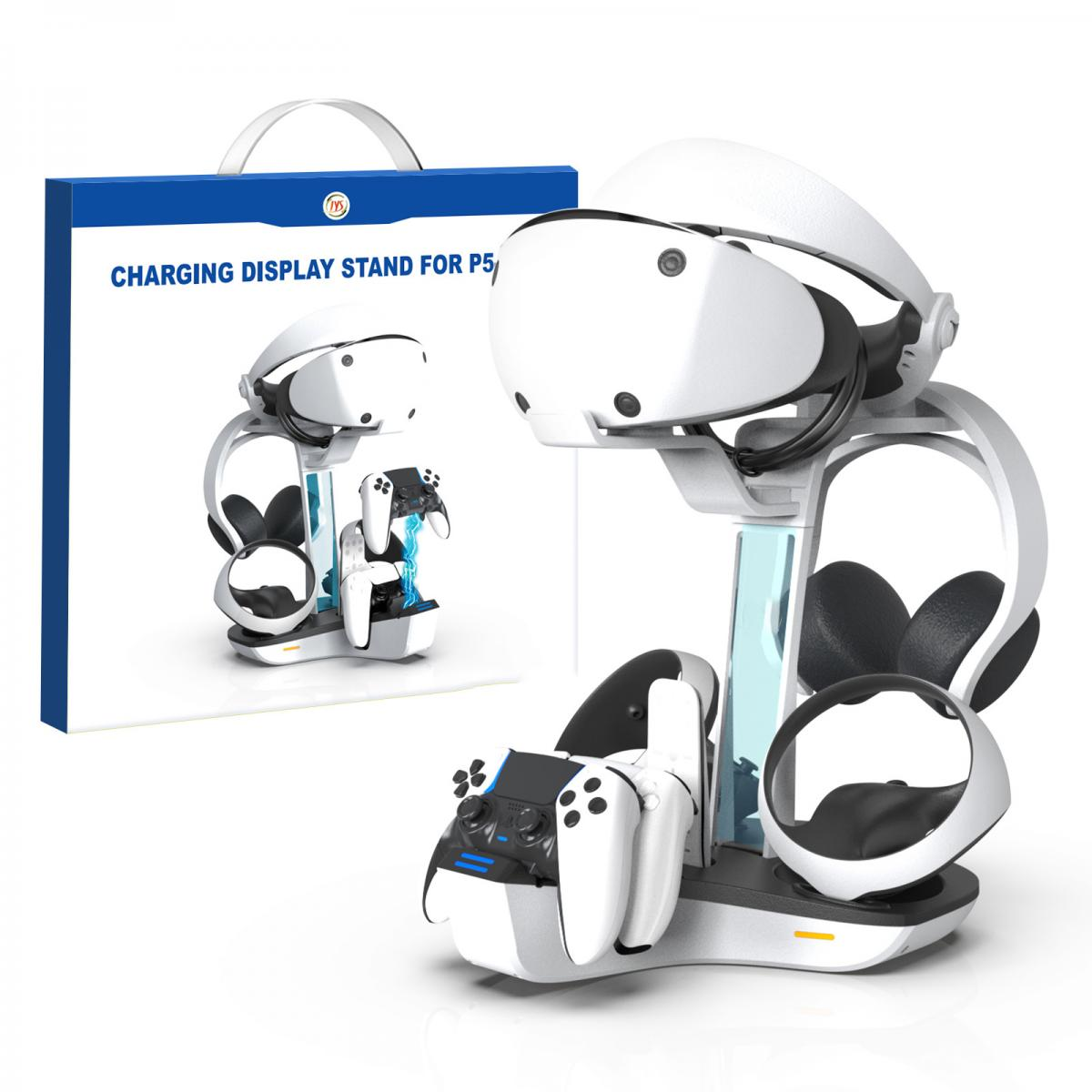 Ein weißer Ladeständer für eine PS5, der ein VR-Headset, Controller und Kopfhörer hält, mit einer Box im Hintergrund.
