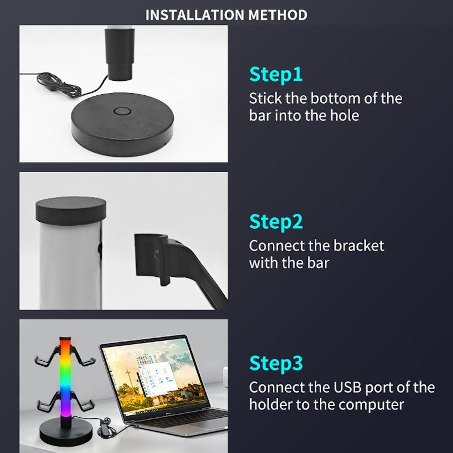 Pasos de instalación: Base, barra y soporte. Conectar el puerto USB al portátil. Los diagramas ilustran cada paso.