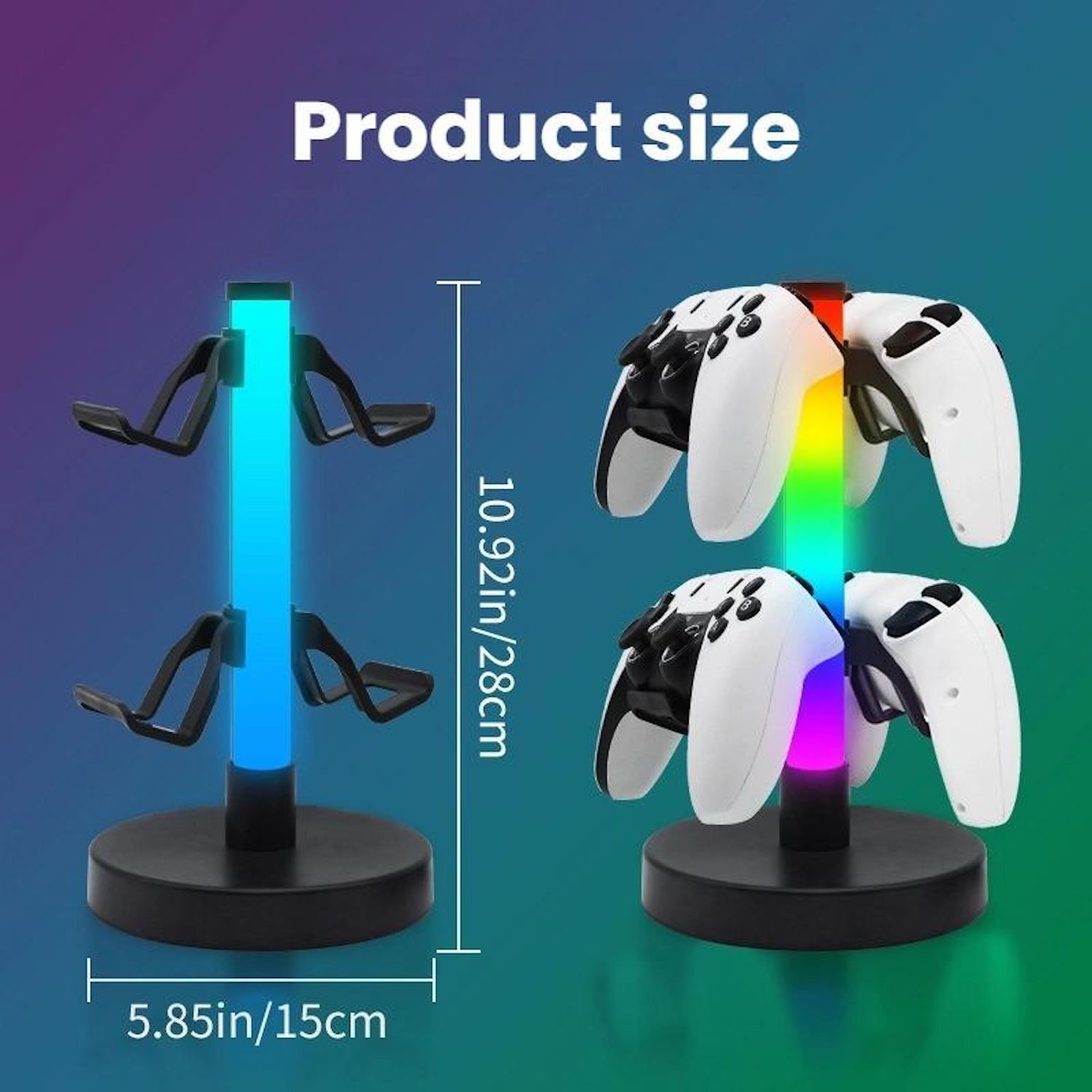 Una imagen del tamaño del producto muestra un soporte para mandos de juego con mandos blancos. El soporte tiene una luz LED colorida.