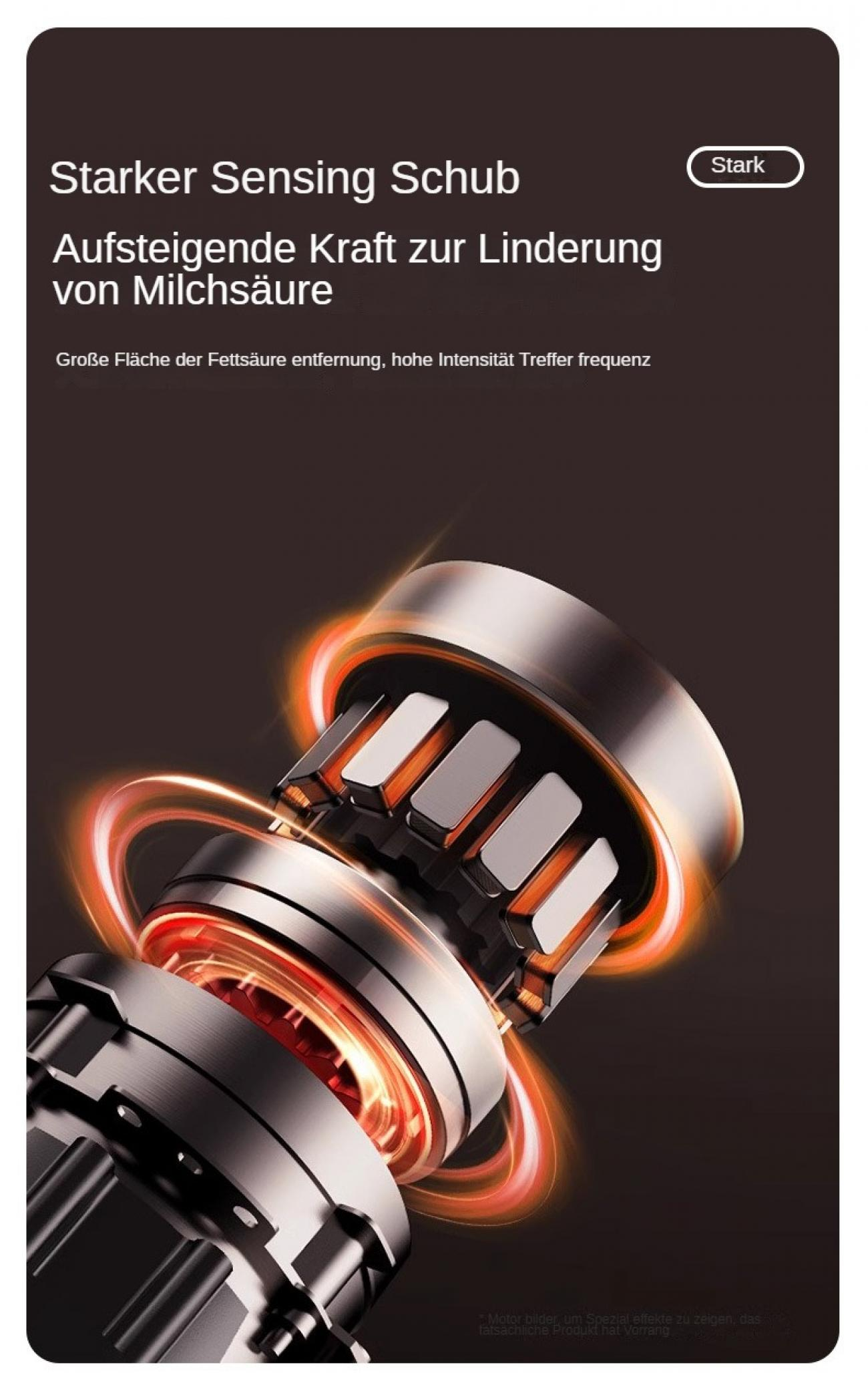 Nahaufnahme eines mechanischen Geräts mit orangefarbenen Leuchteffekten. Text oben auf Deutsch. Dunkler Hintergrund.