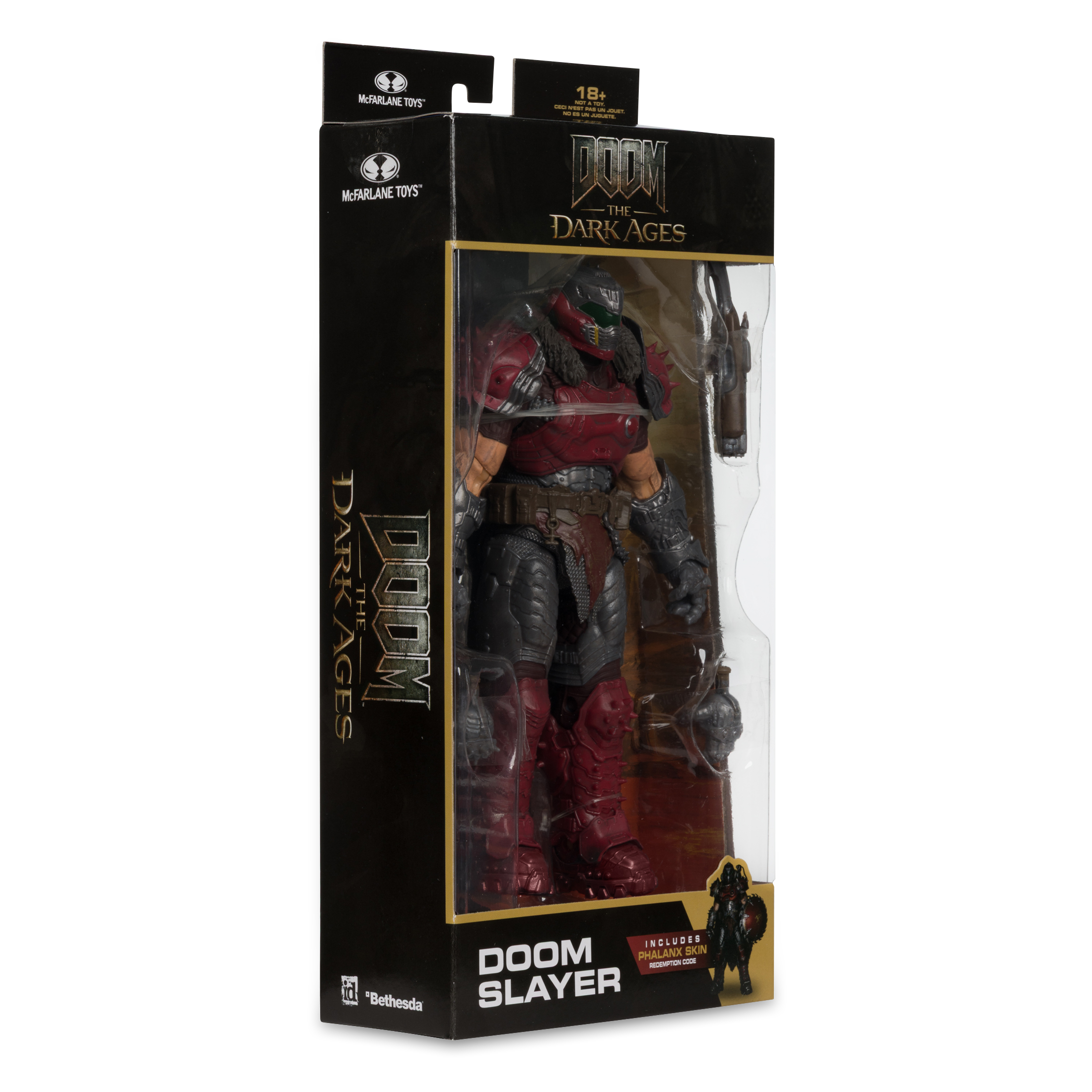 Eine Doom Slayer-Actionfigur in einer Box. Sie ist rot und grau, mit den Worten 'Doom The Dark Ages' auf der Box.