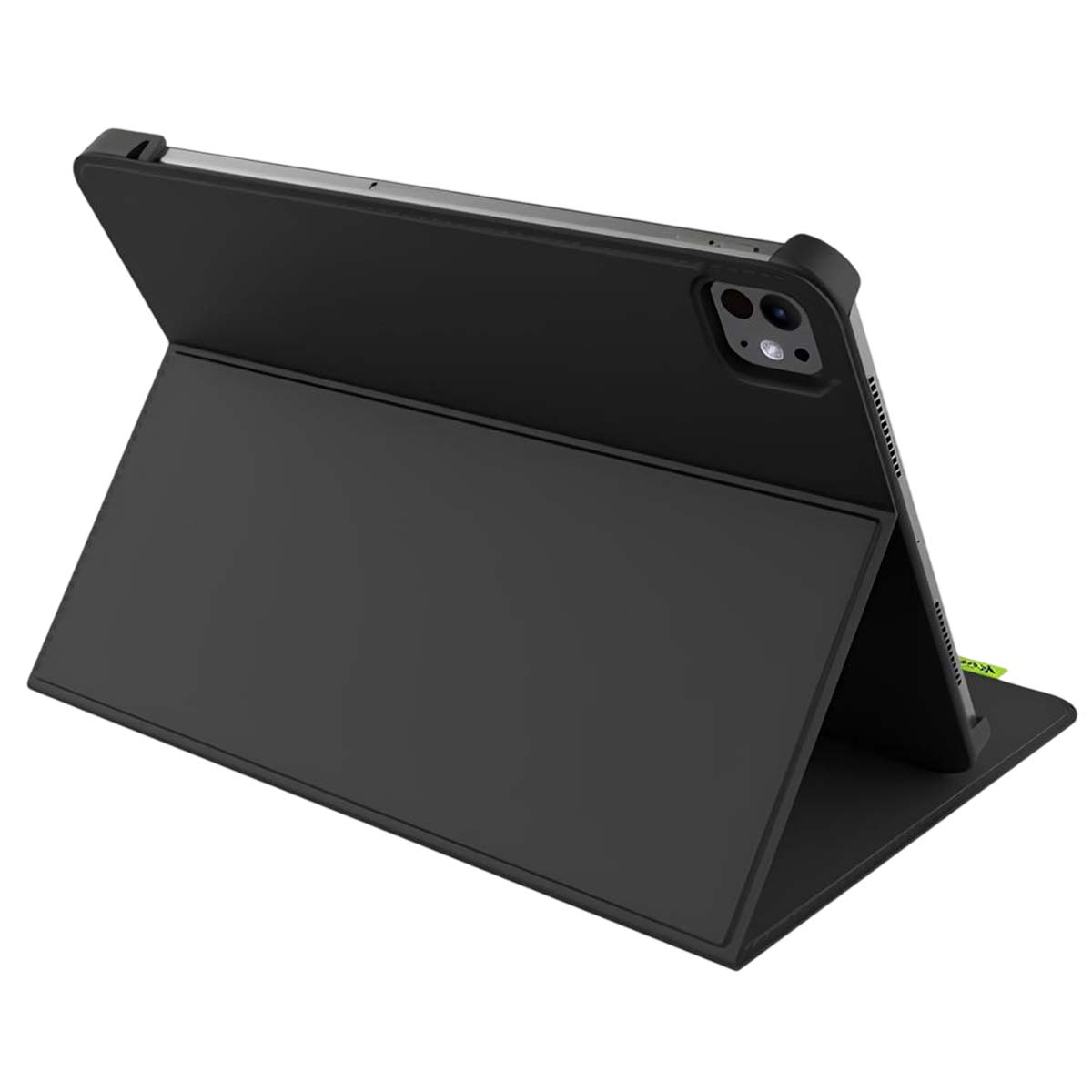 Custodia per tablet nera, aperta, che mostra lo schermo e la copertura. La custodia è angolata su una superficie bianca, fotocamera visibile.