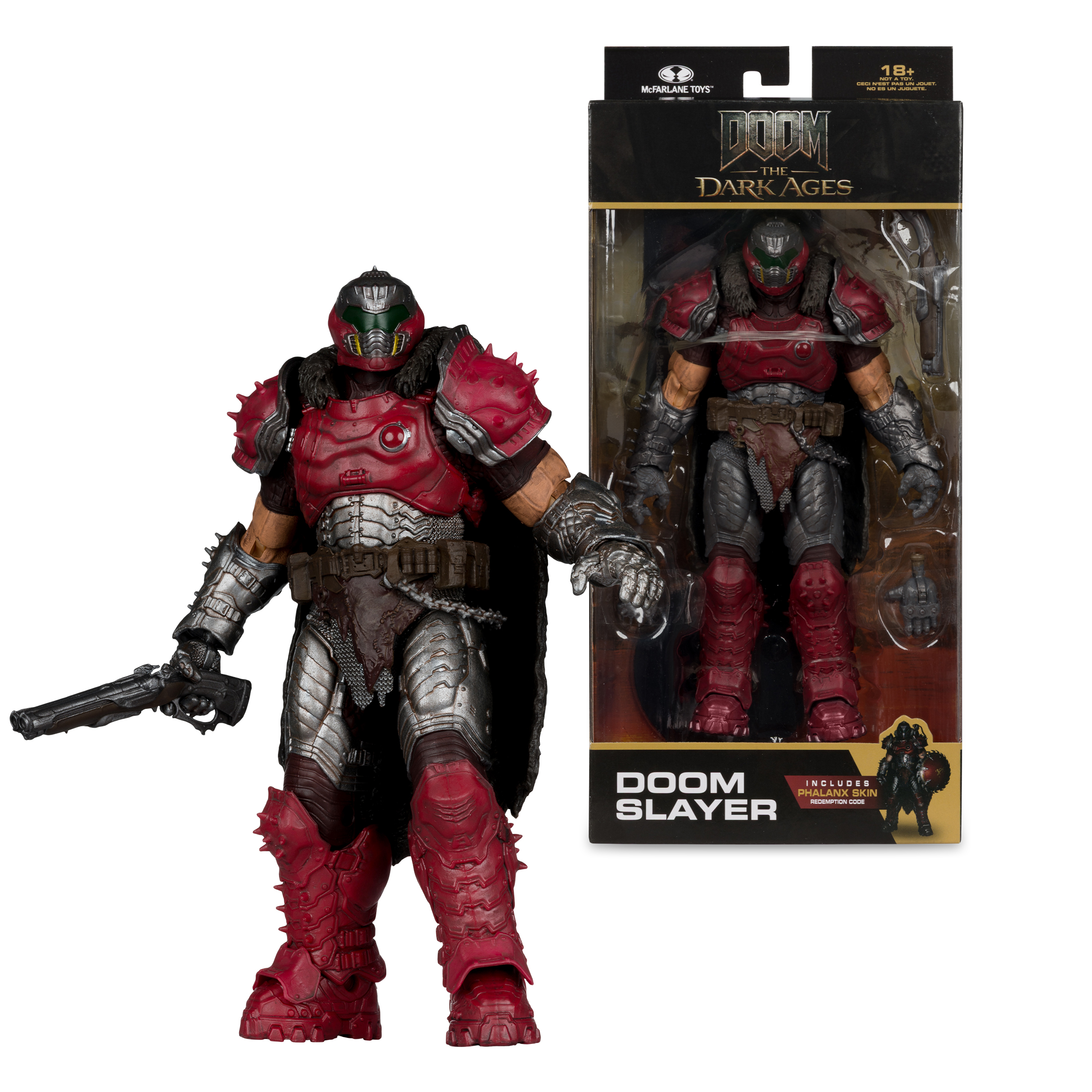 Eine Doom Slayer-Actionfigur in roter und silberner Rüstung, die eine Waffe hält, und eine andere in einer Verpackung.