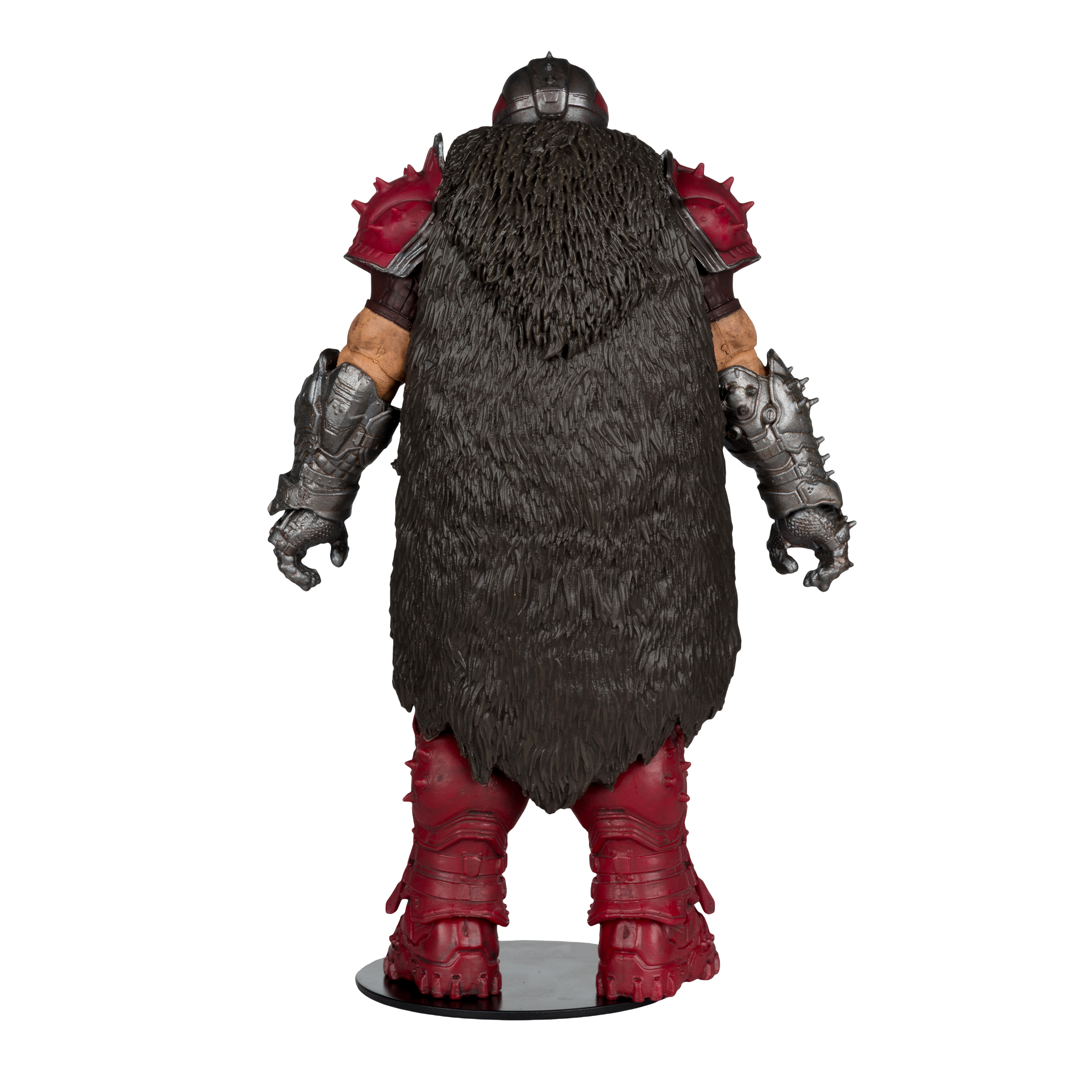 Actionfigur eines Kriegers mit roter Rüstung, Fellumhang und silbernen Panzerhandschuhen, auf schwarzer Basis.